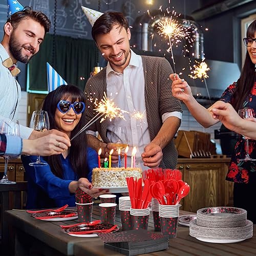 Miniatura 7 de 560 piezas de suministros de fiesta en negro y rojo para 80 invitados, juego de vajilla desechable con platos de papel negro y rojo, servilletas,