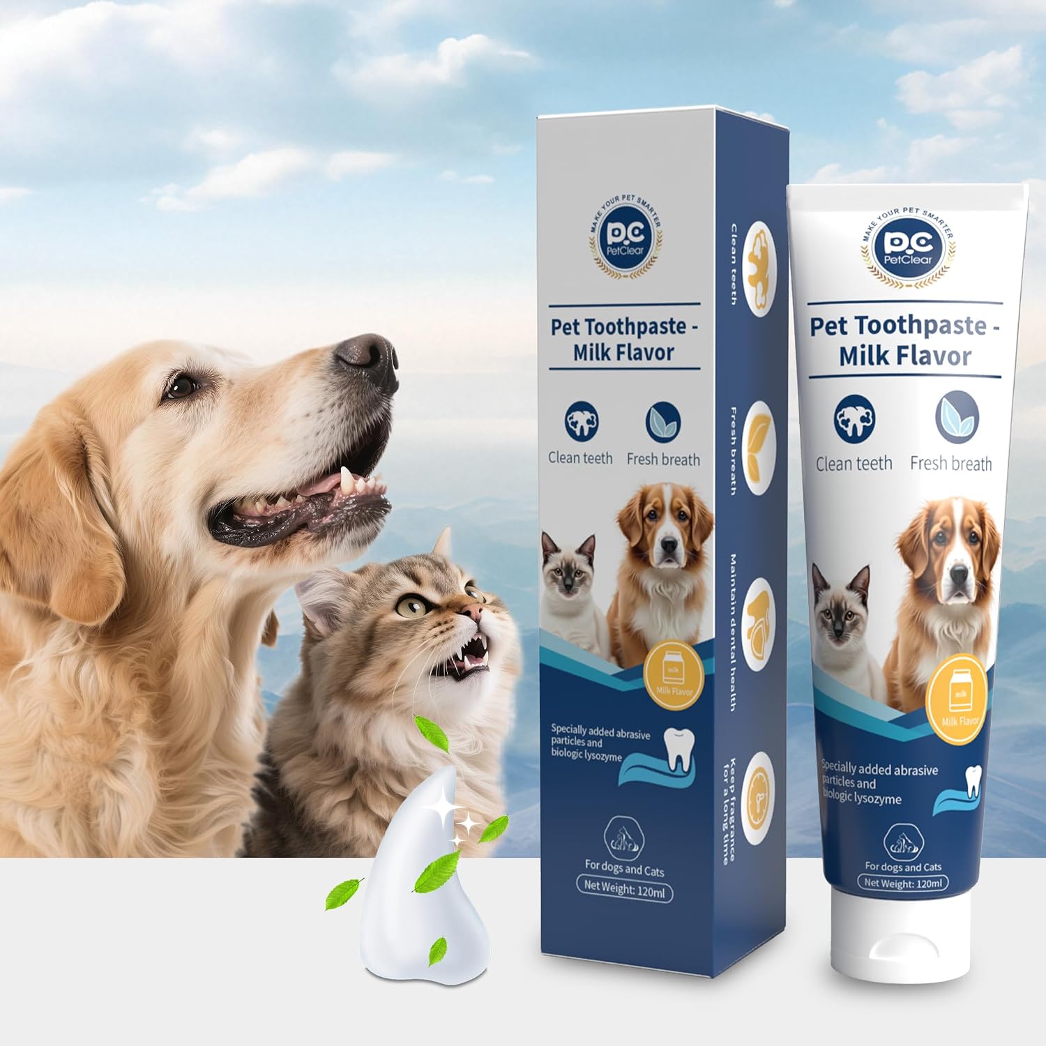 Dog Toothpaste, 4.23 oz, Milk Flavor, Fluoride Free, Effectively Prevents and Reduces Plaque and Tartar Buildup, Freshens Breath, Contains Lactobacillus, Suitable for Cats and Dogs