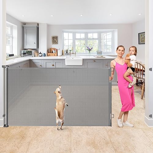 Miniatura 9 de Puertas retráctiles para bebés de 90 pulgadas para perros, puerta extra ancha para bebés, puerta retráctil para perros para la casa, puerta extra