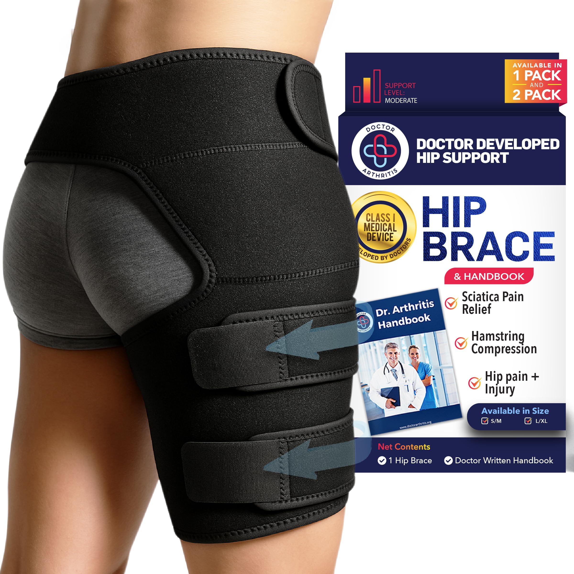 Dr. Arthritis Doctor Developed Hip Support Brace, Sciatica Pain Relief Products - Thigh Compression Sleeve, Hamstring Support -Hip Support For Women & Men With Handbook (L/XL, Black Right)