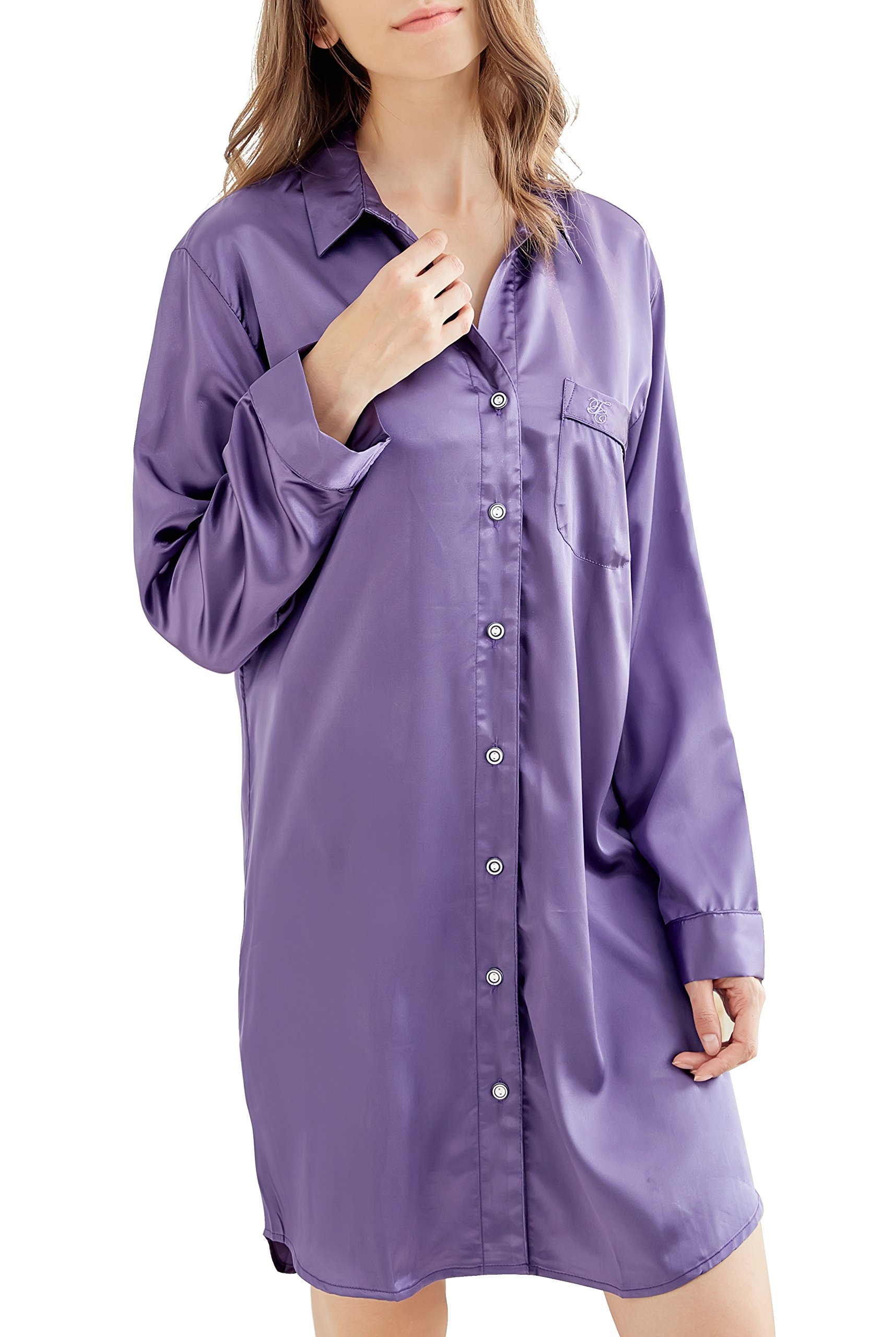 Sanraflic Women's Purple Nightshirt, Satin Nightdress Long Sleeve Sleep Shirt ' Nightgown Button Down Sleepwear Nightwear Loungewear (, M)