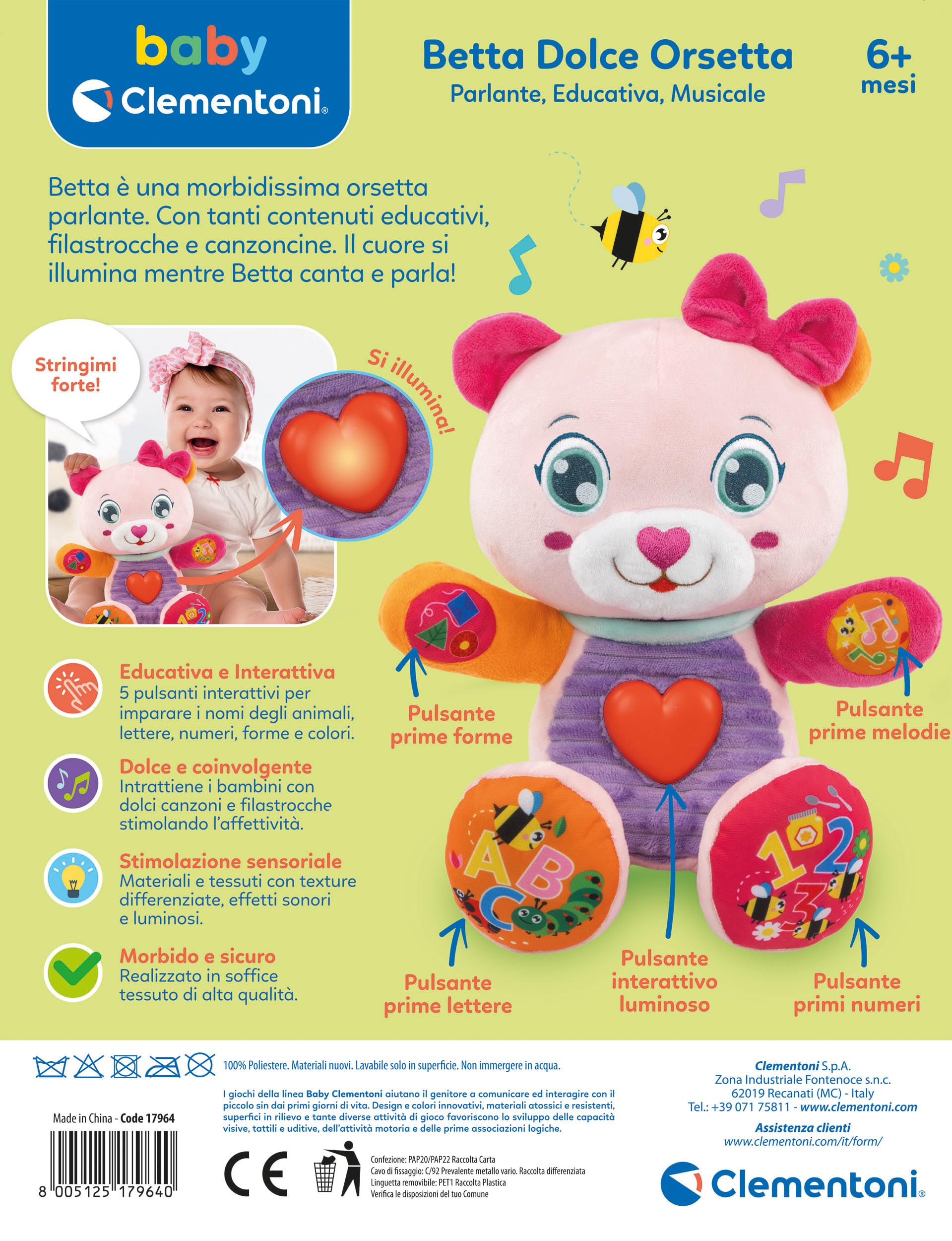Clementoni Baby Betta Dolce Orsetta, Peluche Interattivo Parlante per Bambini di 6+ Mesi, Centro attività Che Stimola Lo Sviluppo Sensoriale e Cognitivo, Lingua Italiana, 17964