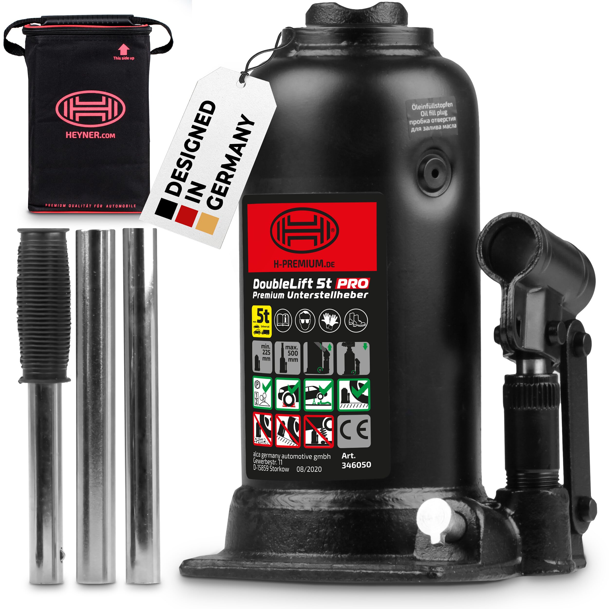 HEYNER® Hydraulischer Unterstellheber 2-stufig I DoubleLift 5t PRO I Stempelwagenheber aus Stahl I Hubhöhe 225–500 mm I Autoheber für SUV Transporter Wohnmobil I inkl. Tasche & Gummigriff