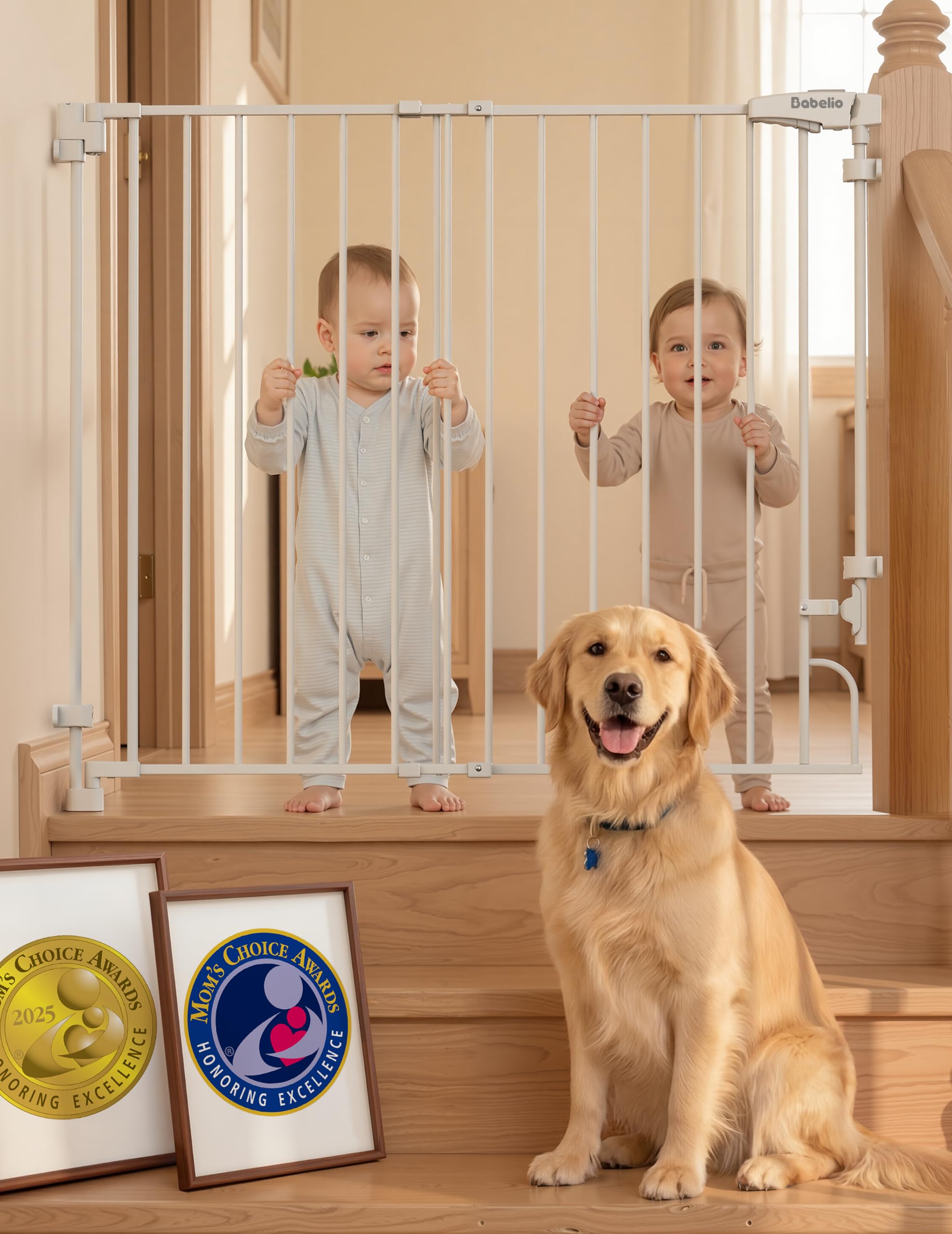 Babelio Cancello per cani e bambini da 73,7 a 109,2 cm, senza barra inferiore, per scale e porte, facile da rimuovere e installare, funzione di chiusura automatica, porta passerella extra larga