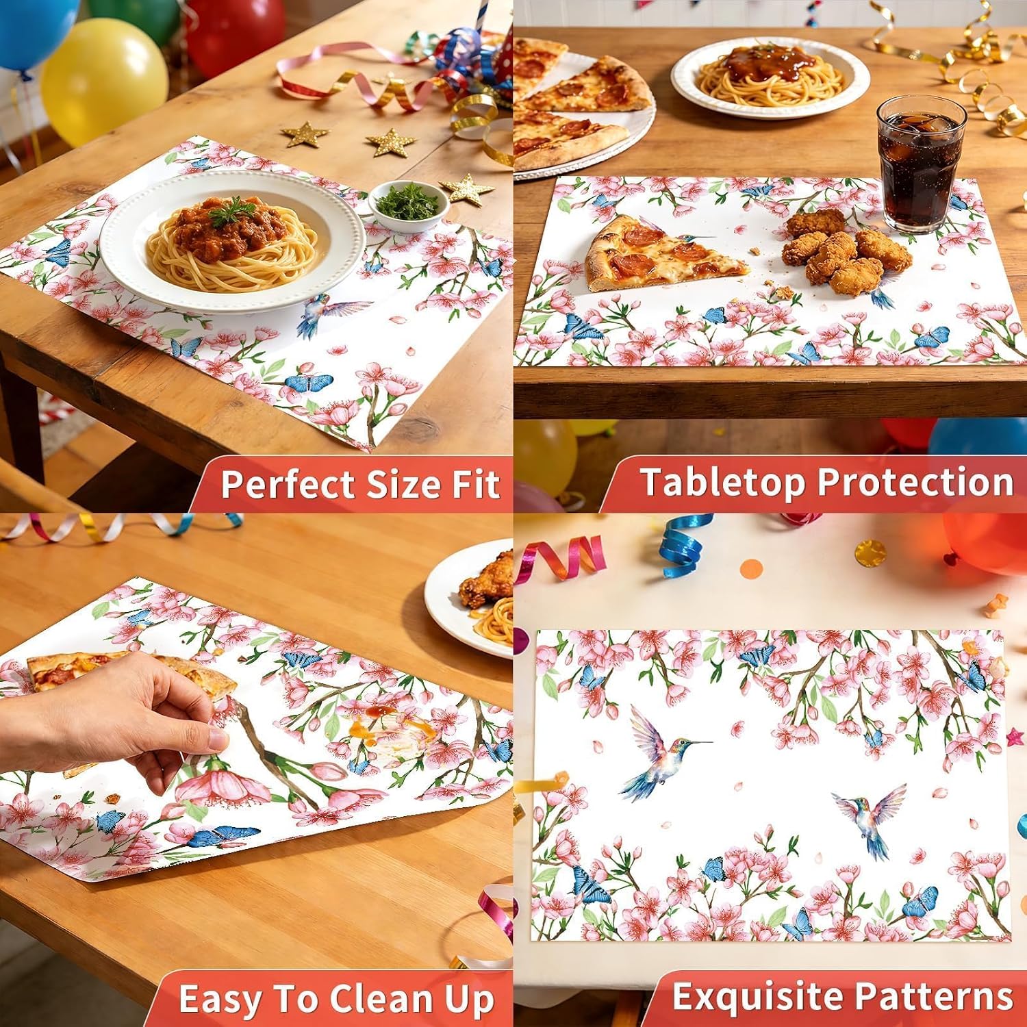50 Pcs Flower Bird Butterfly Placemats 11" x 17" Spring Cherry Blossom Disposable Paper Place Mats Hummingbird Floral Decorative Table Mats for Wedding Birthday Bridal Baby Shower Party Decorations