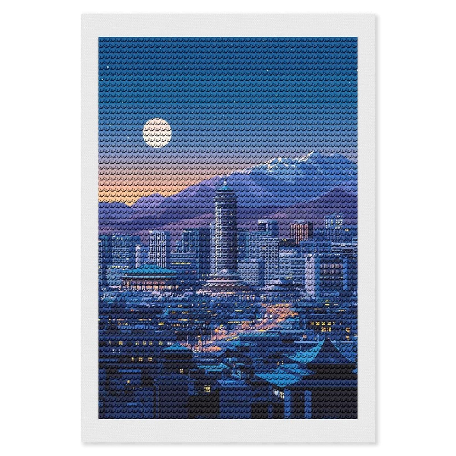Junmoney Night Cityscape with Mountains and Moon Diamond Painting Kit 8"x12", Adhesive Canvas, Home Wall Decor, for Beginners, Birthday Gift, Full Kit Included