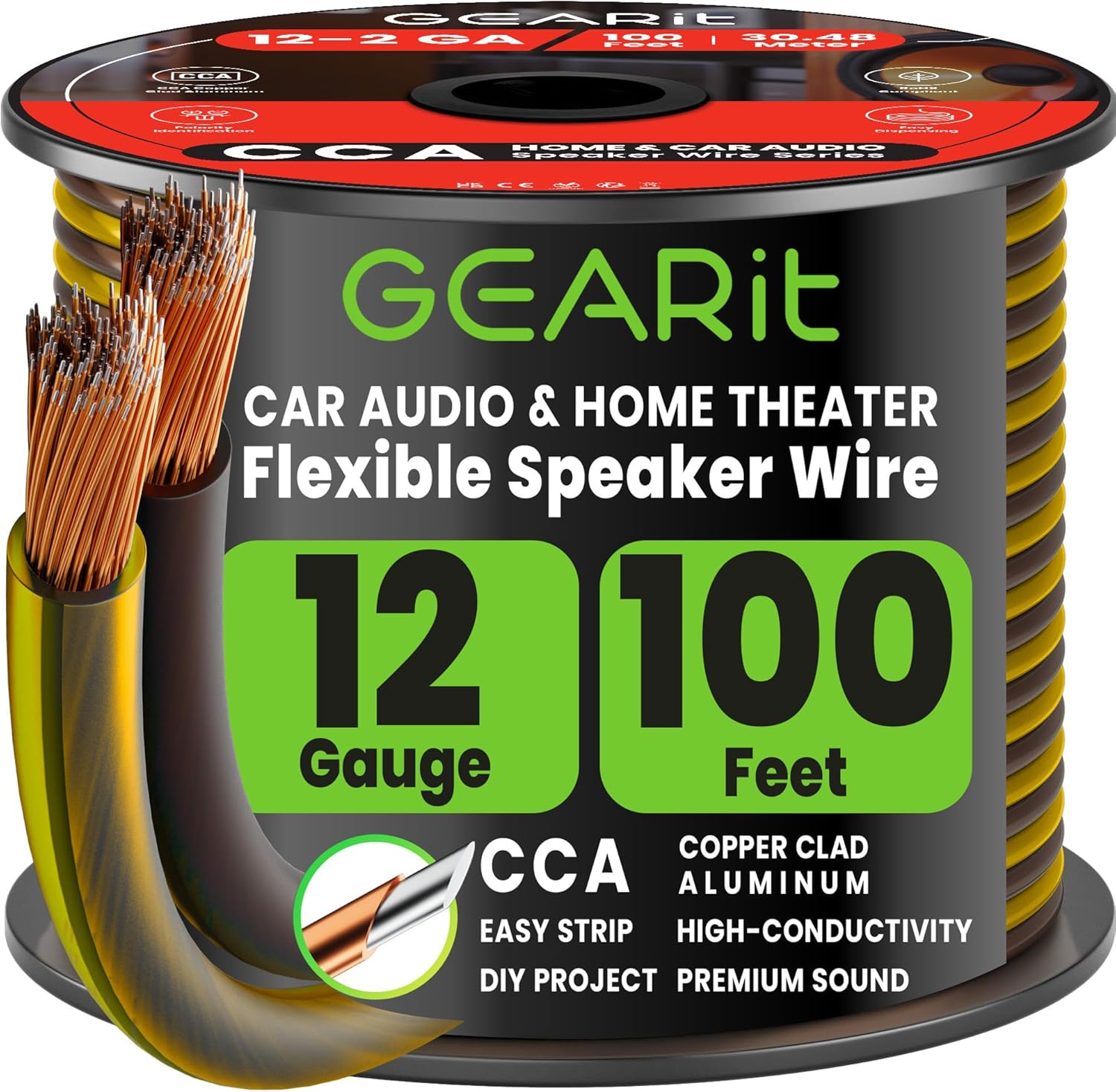 GEARit 12 Gauge Speaker Wire - 100ft, Flexible Speaker Cable with Polarity Markings & Foot Markers, 12AWG CCA Audio Cable for Home Theater, Car Audio Stereo, HiFi Surround Sound (Black/Yellow)