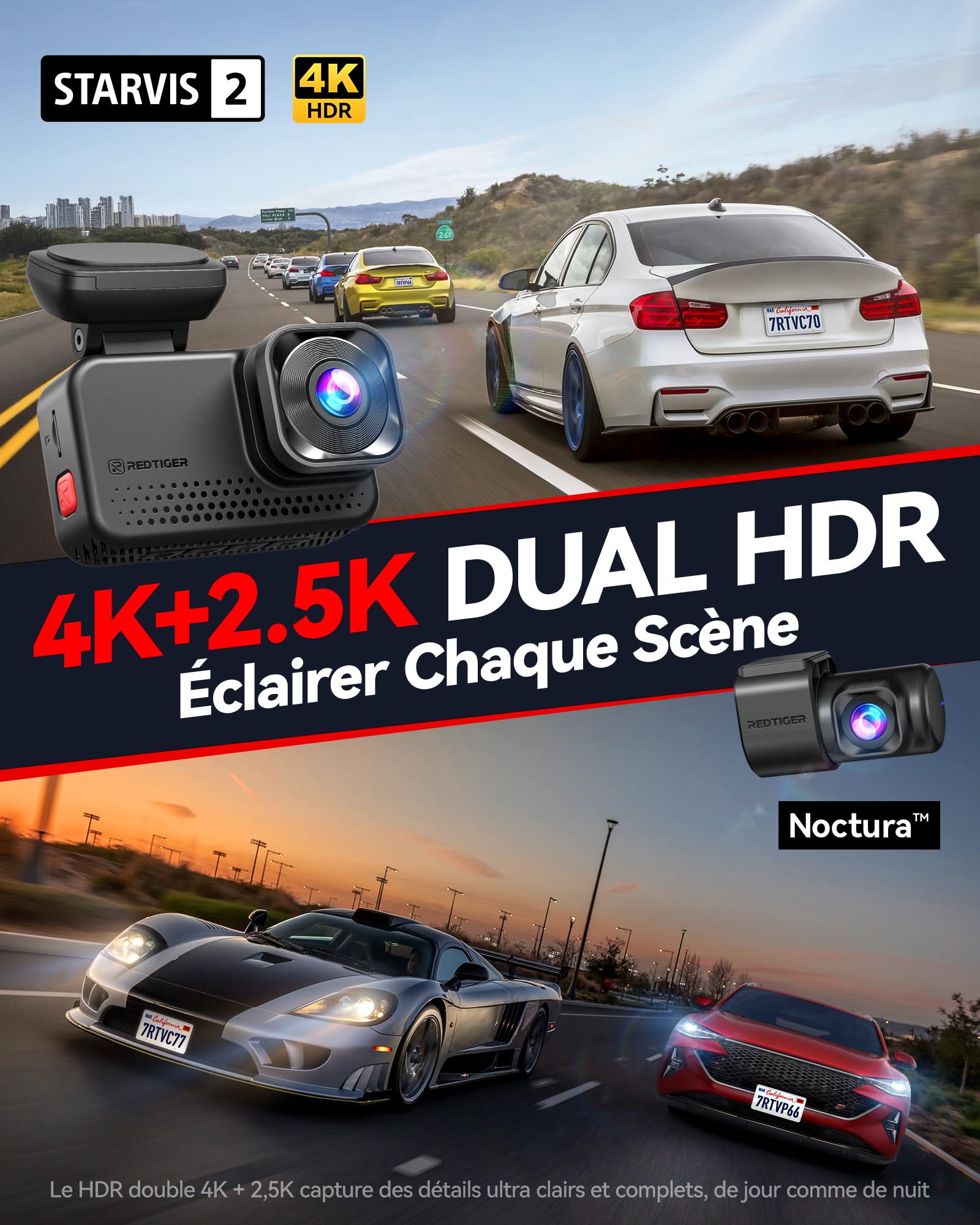 REDTIGER 4K+2.5K Dashcam Voiture Avant Ariere, STARVIS 2, Carte 128 Go