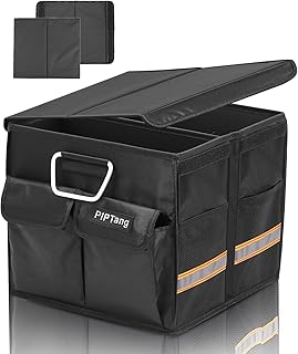 PIPTang Foldable Boot Organiser - 35 cm Small Car Storage Box with Reinforced Aluminium Handles, Non-Slip Base & Multiple Pockets - Compact Boot Bag for Car & SUV