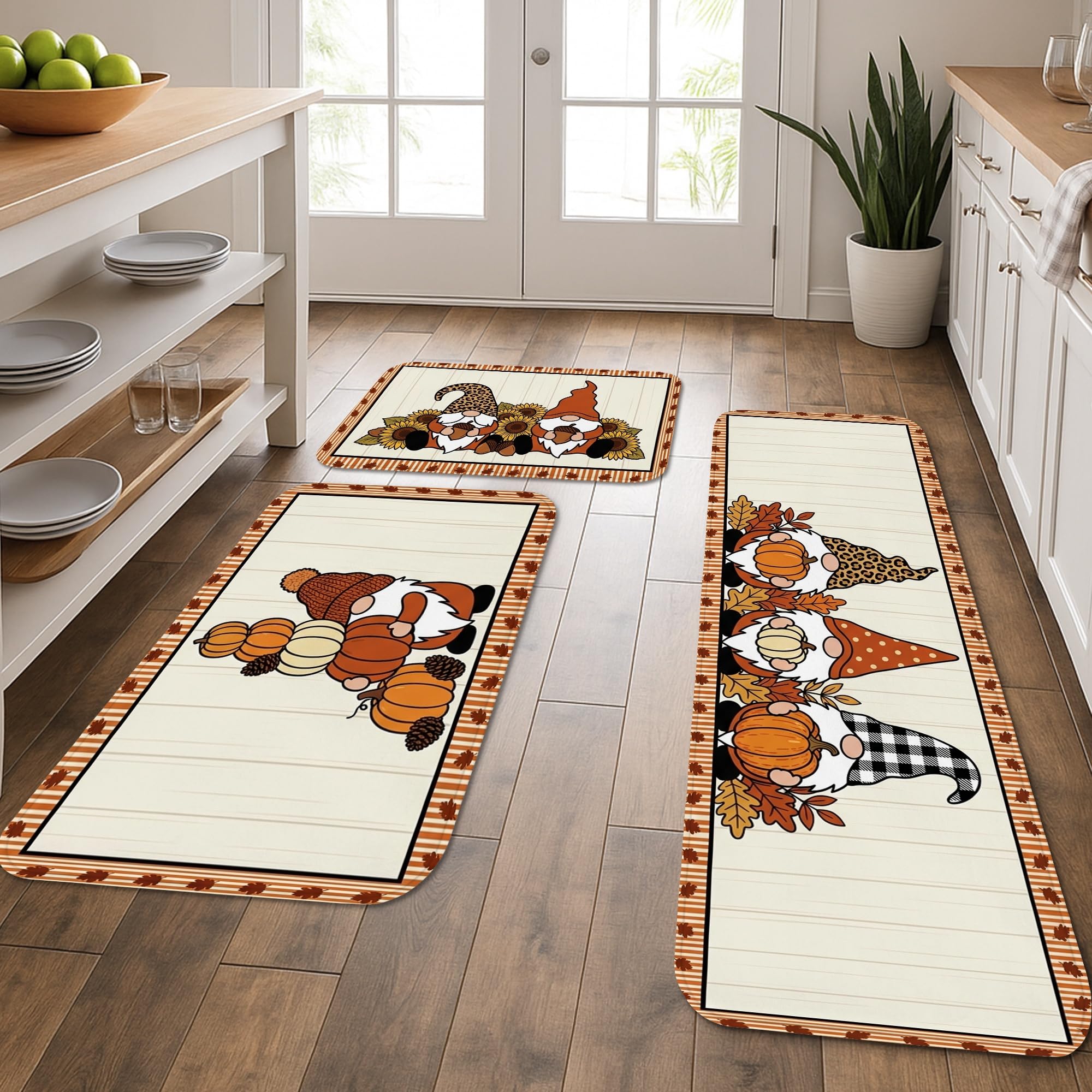 Alfombras de cocina para fregadero lavandería y baño con gnomos y calabazas rústicas