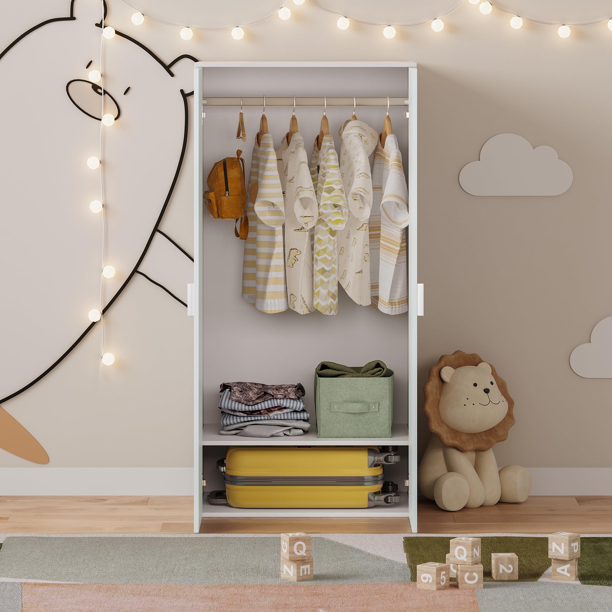Armario Ropero Infantil Sandnes 123x60x40 cm Blanco/Verde Menta con Barra Colgante y 2 Puertas