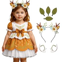Girls Deer Costume Woodland Princess Deer Dress for Kids Ages 3-10 | Forest Fairy Dress Outfit with Flower Antler Headband, Leaf Hair Clips & Bracelets for Halloween, Christmas & Pretend Play