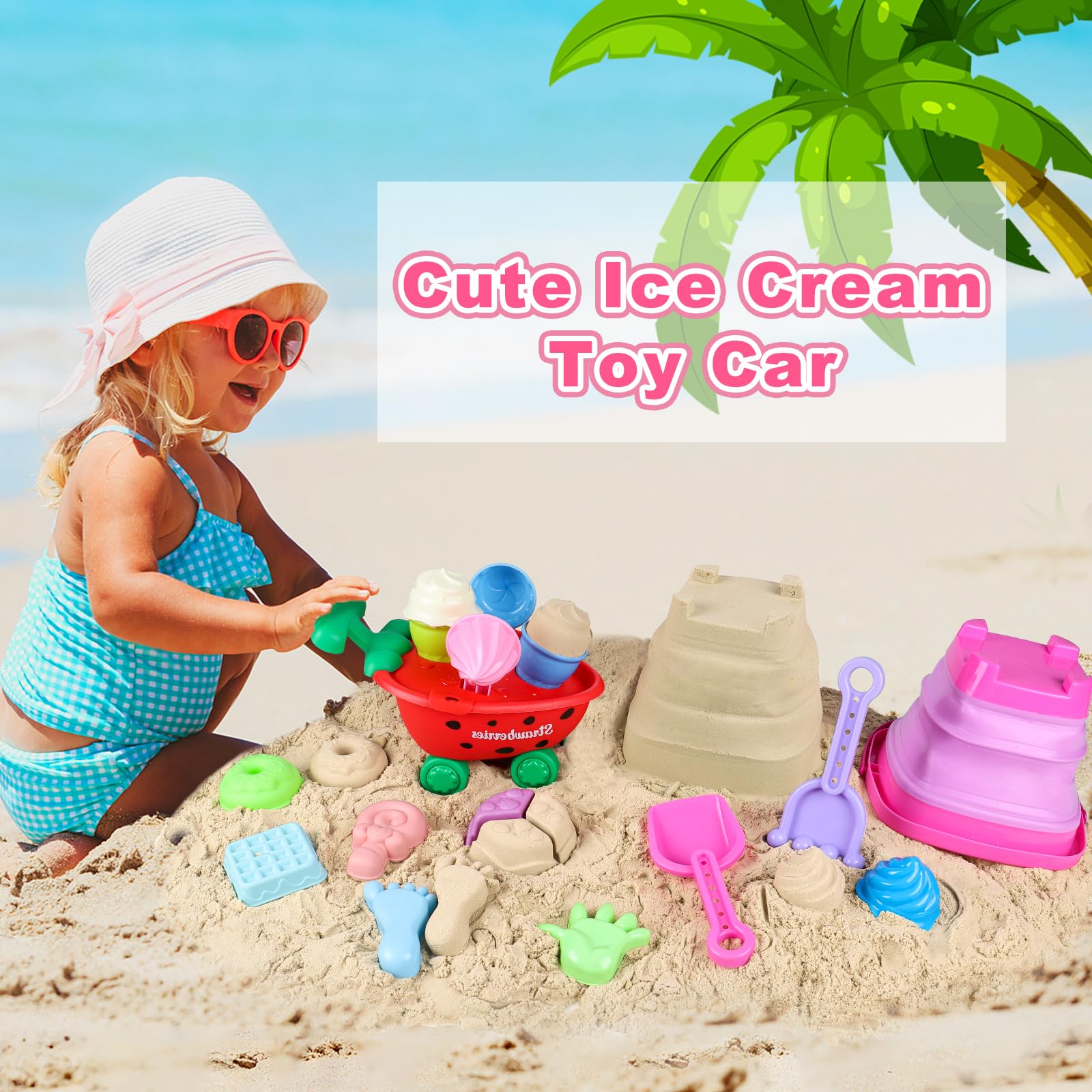 Meaicezli Beach Toys, Ice Cream Sand Toys with Collapsible Beach Bucket, Ice Cream Scoop and Cart, Sand Molds, Mesh Bag, Summer Outdoor Travel Toys for Toddlers 3-5