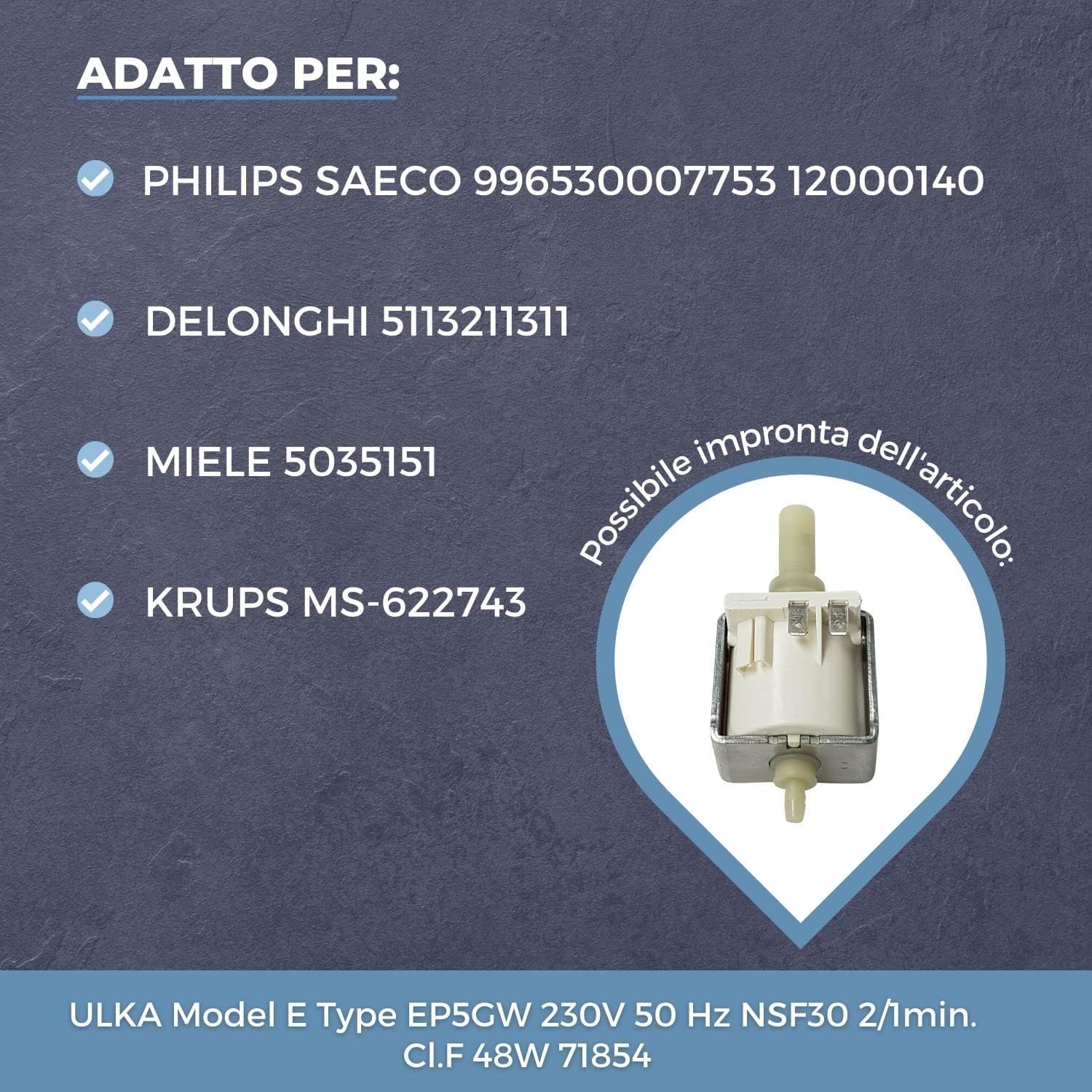 LICHTBLAU Pompa ULKA EP5GW 48W 230V I pompa di ricambio ignifuga adatta per Philips Saeco 996530007753 12000140 DeLonghi 5113211311 Miele 5035151 & Krups MS-622743 I
