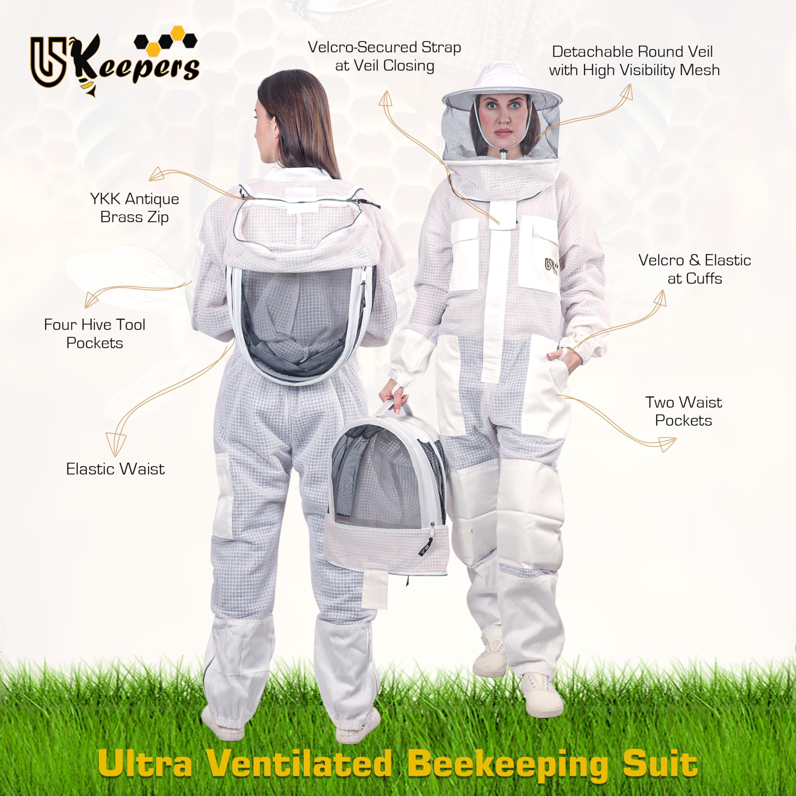 US-KEEPERS - Traje de abeja de 3 capas, traje de apicultura ventilado para hombres y mujeres, traje de apicultores con guantes de abeja y 2 velos de apicultura