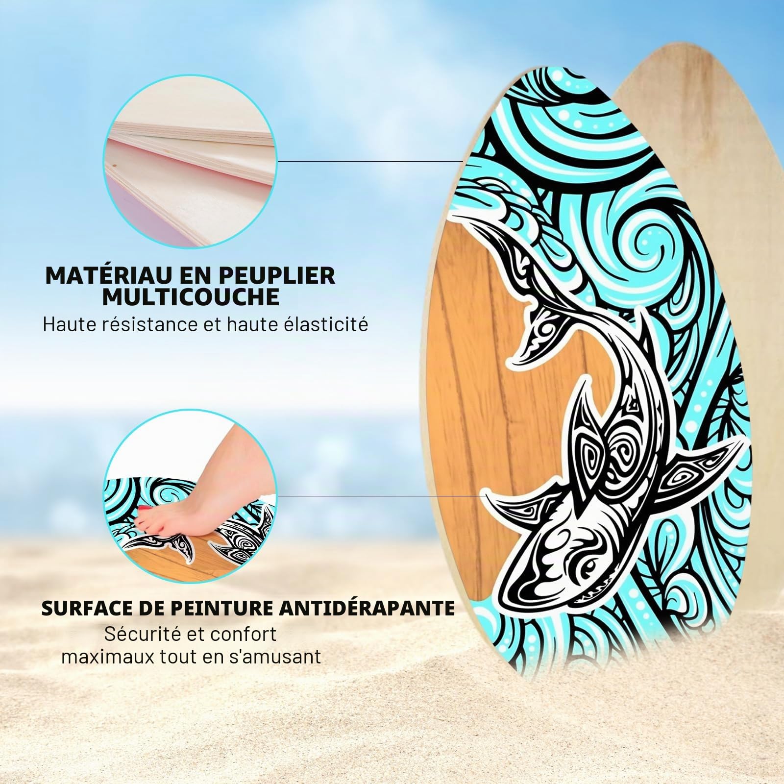 perfeclan Skimboard, Planche de Plage en Bois, Jouet de Sable pour Eau Peu Profonde, Planche de Glisse de Plage Polyvalente, Petite Skimboard de Surf pour Débutants Adultes et Enfants