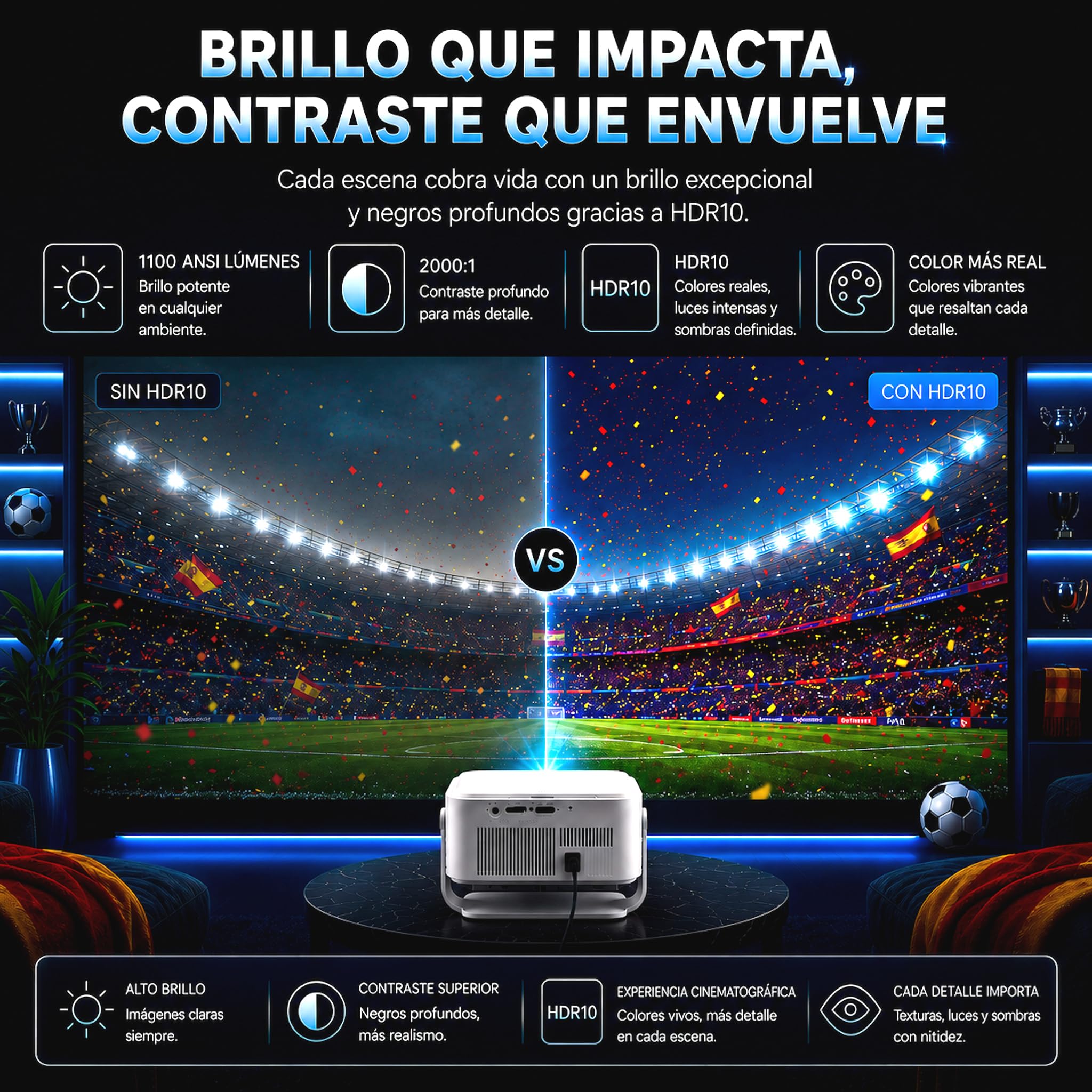 Proyector 4K | Google TV Certificado | 1080P Nativo Full HD | 1100 ANSI Lúmenes | Auto Focus & Keystone | HDR10 | WiFi 6 | Bluetooth 5.2 | Compatible Chromecast & Fire Stick | Cine y Gaming