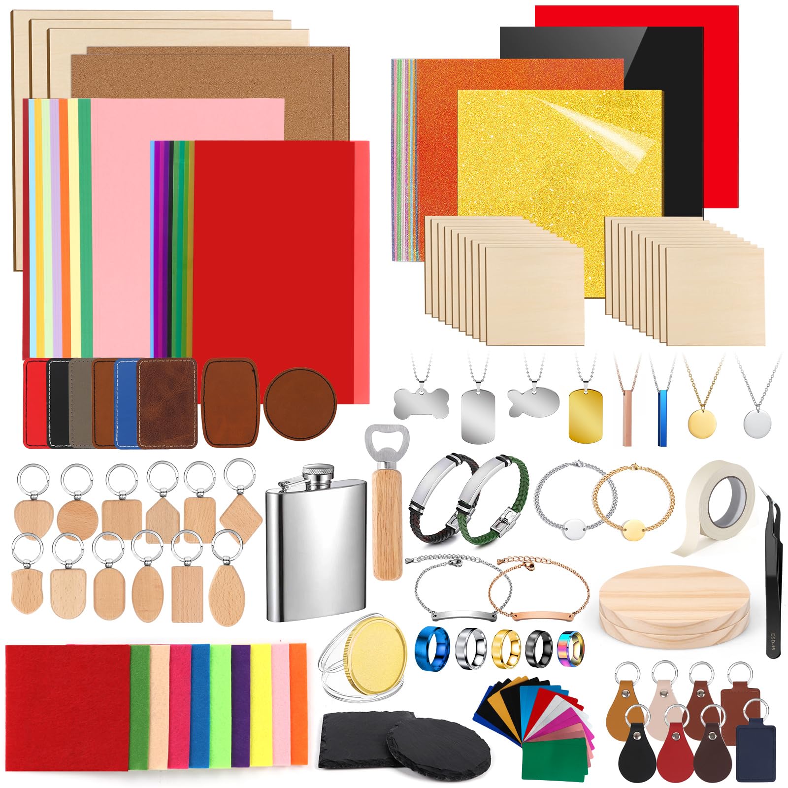 Adrattnay Laser Material Explore Kit, 218PCS Laser Engraving Supplies for Crafting, 29 Kinds Materials Includes Basswood, Acrylic, Leather, Metal Necklace Bracelet Ring for Engraver Machine