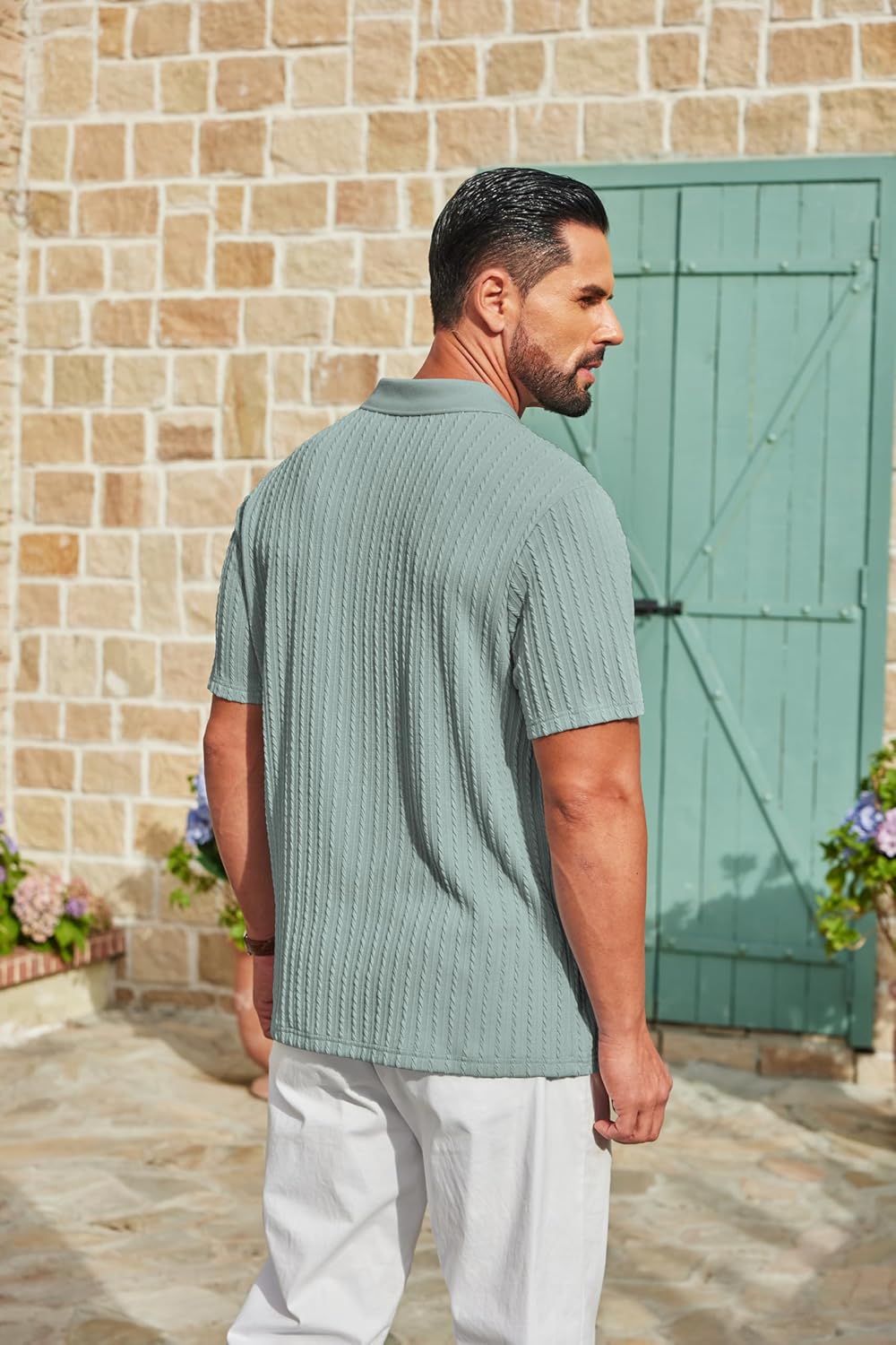 COOFANDY Mens Polo Shirt Textured Knit Button Casual Short Sleeve Summer Vacation Beach Stretchy Golf Shirts - Image 4