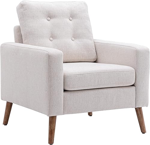 Miniatura 8 de HNY Sillón moderno de mediados de siglo, silla decorativa de lino con botones y brazo, silla tapizada para sala de estar, dormitorio, patas de