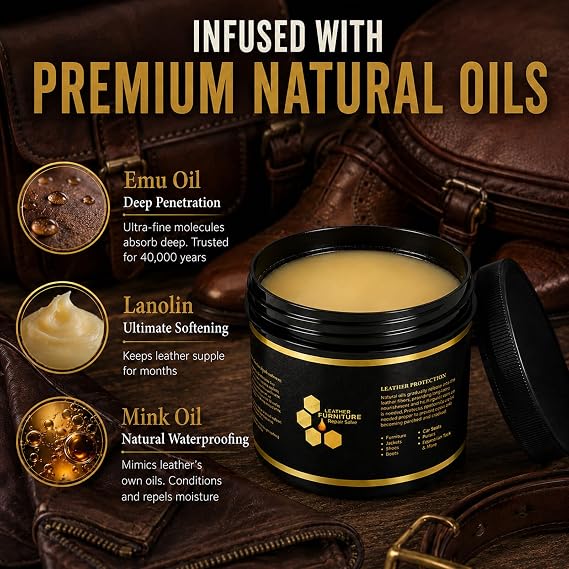 Leather Conditioner Furniture Repair Salve: with Sponge and Towel | Cleaner Restorer Protector Polisher for Couch Purses Shoe Jacket Work Boots Car Seat & Leather - Restores Shine, Softness