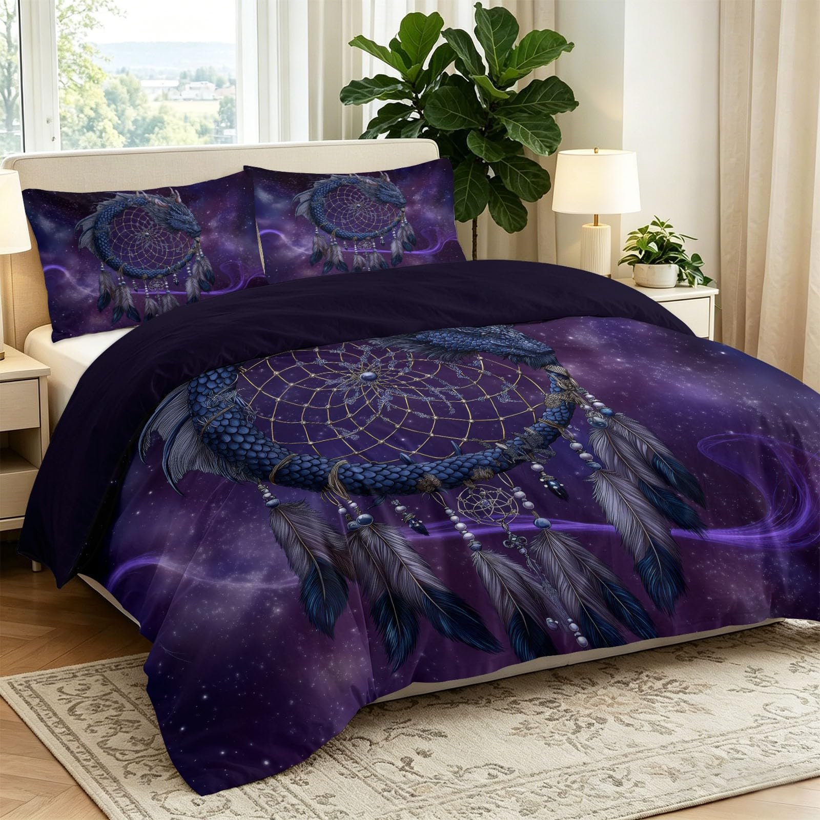 Dwustronna poszwa na kołdrę, z mikrofibry, 240 x 220 cm, ciemna fantazyjna, liliowa, gwiaździste niebo, olbrzymi smok, łapacz snów, pióra, przyjazna dla skóry, łatwa w pielęgnacji, z 2 poszewkami na