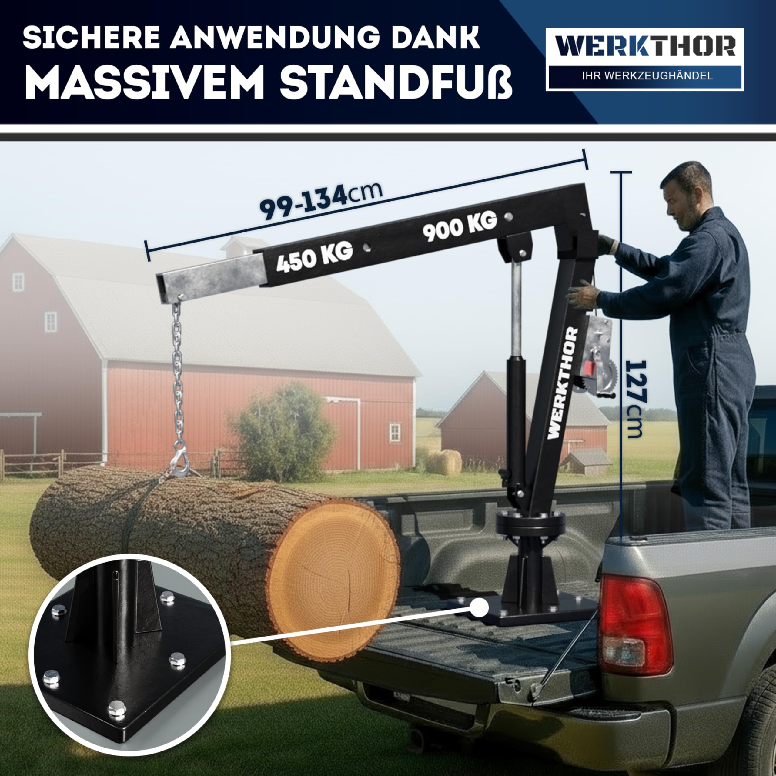 WERKTHOR Gru pickup gru di carico 900 kg con verricello e idraulico, gru pick up per rimorchio e piano, girevole a 360°, mini gru con materiale di montaggio e base solida, nero