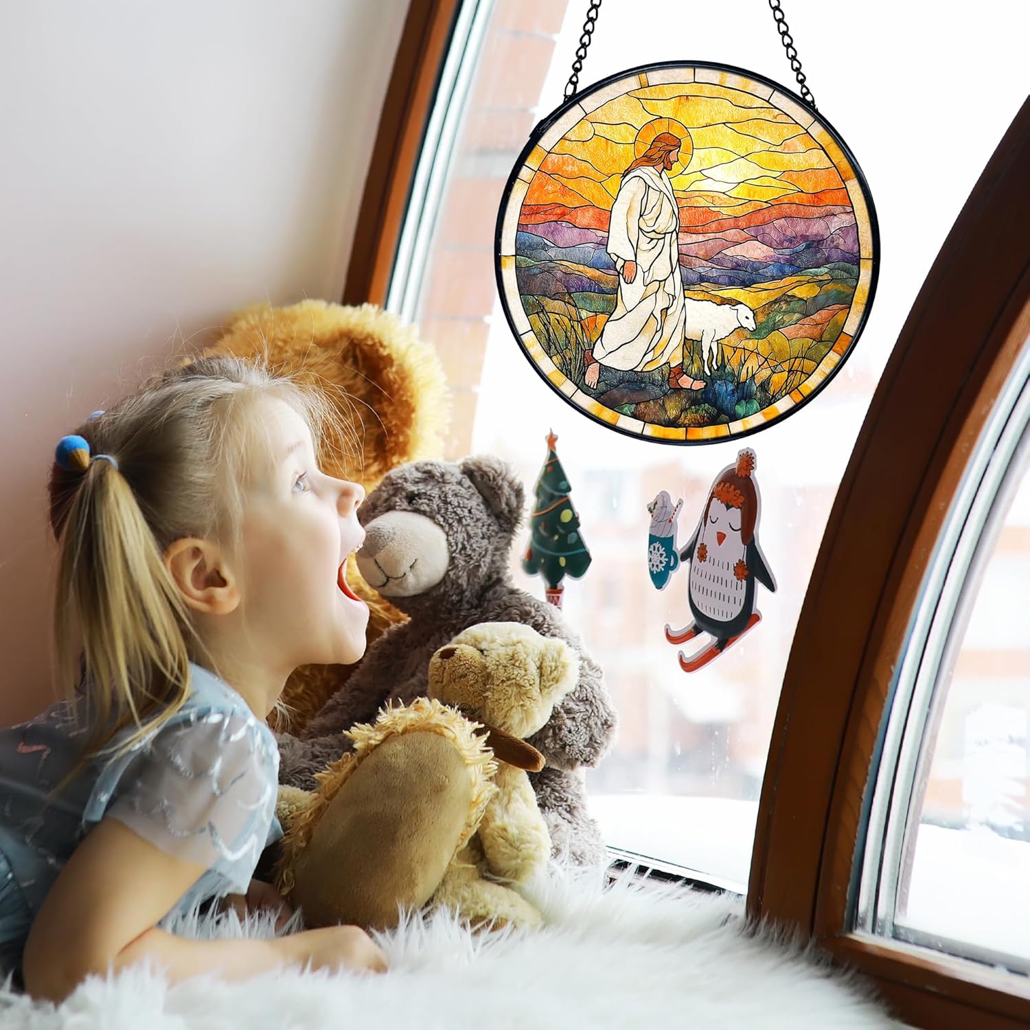 TNUW Jesus and Lamb Christian Stained Glass Window Hanging, Religious Jesus Rustic Landscape Sun Catchers Indoor Window Glass Round Wall Art Decor, Christian Wall Hanging Decorations, 7.9＂x7.9＂