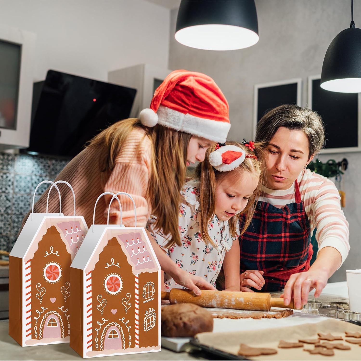 Kolldenn 24 Pcs Christmas Gingerbread House Gift Bags with Handles House Gingerbread Shaped Treat Candy Goodies Paper Bags Bulk Winter Snow Wrapping Paper for Christmas Holiday Party Favor (Pink) - Image 6