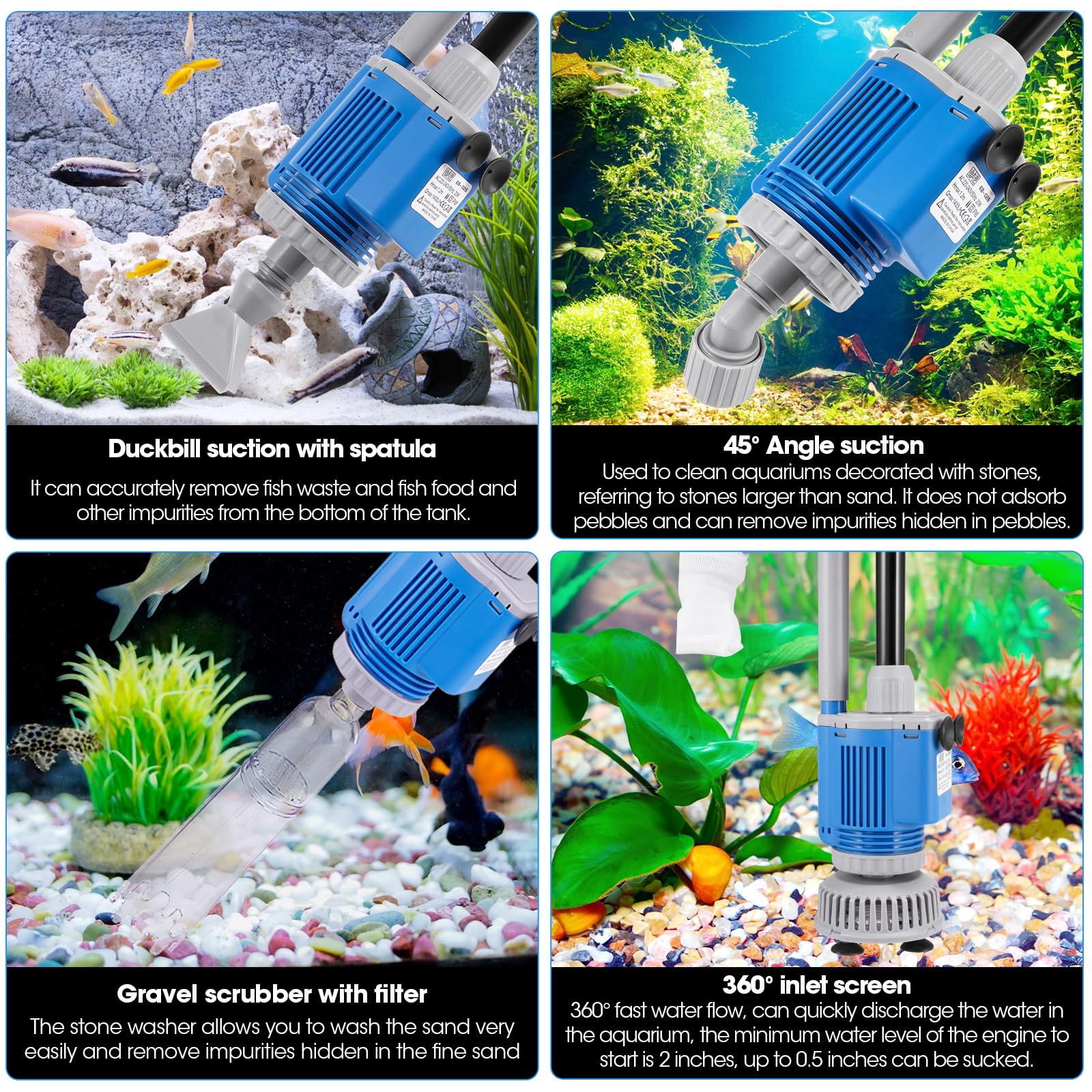 Pulitore per Ghiaia Acquario Elettrico, Pulizia Acquario Elettrico, Scambiatore Automatico Acqua Acquario 6 in 1, Aspirapolvere Acquario per Cambio Acqua, Pulizia Sabbia, Rimozione Sporco, Filtraggio