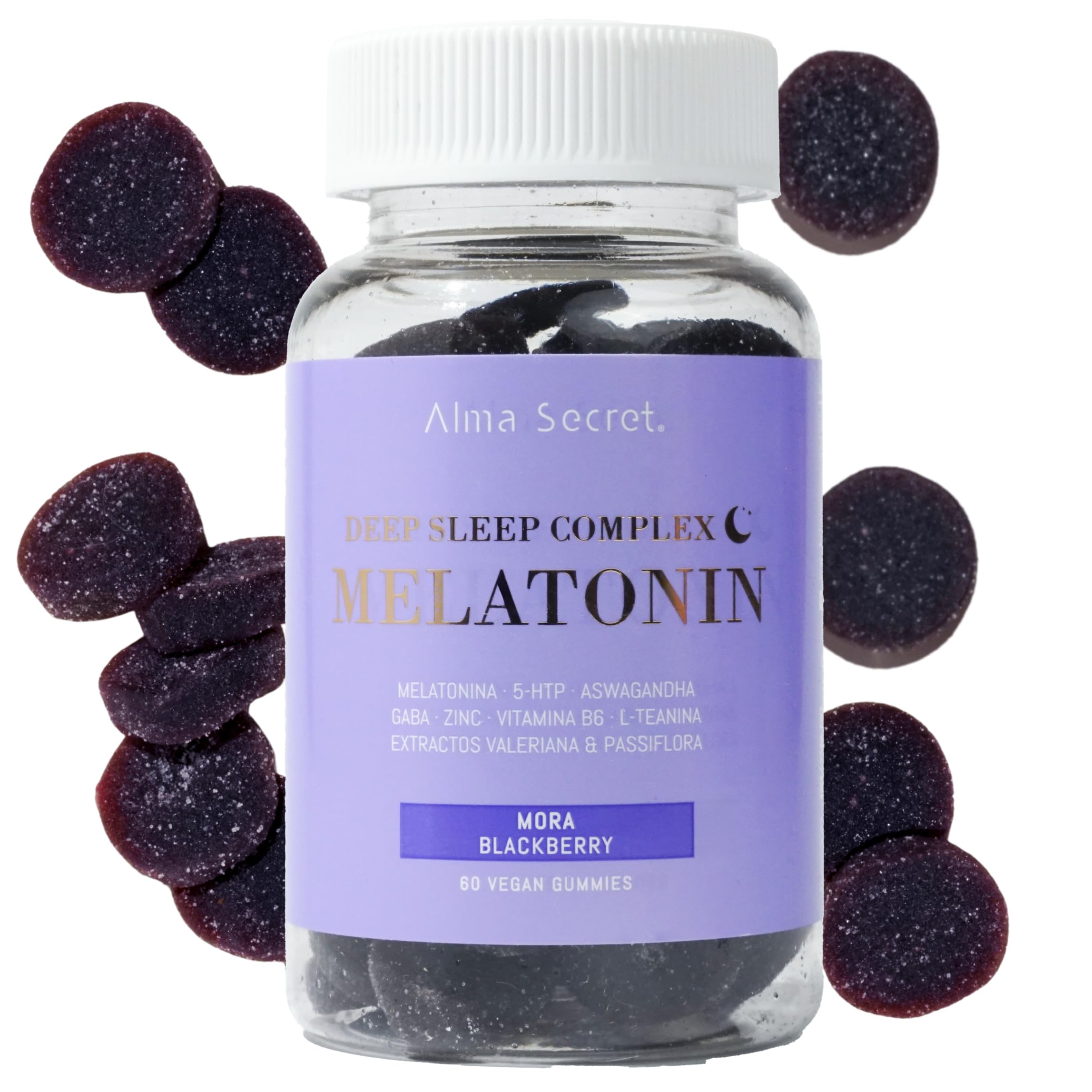 Alma Secret | Deep sleep complex melatonin | Gummies veganas para un descanso profundo y mejorar el sueño | Con Melatonina, Ashwagandha Sensoril®, GABA y L-Teanina | Ayuda a dormir y manejar el estrés