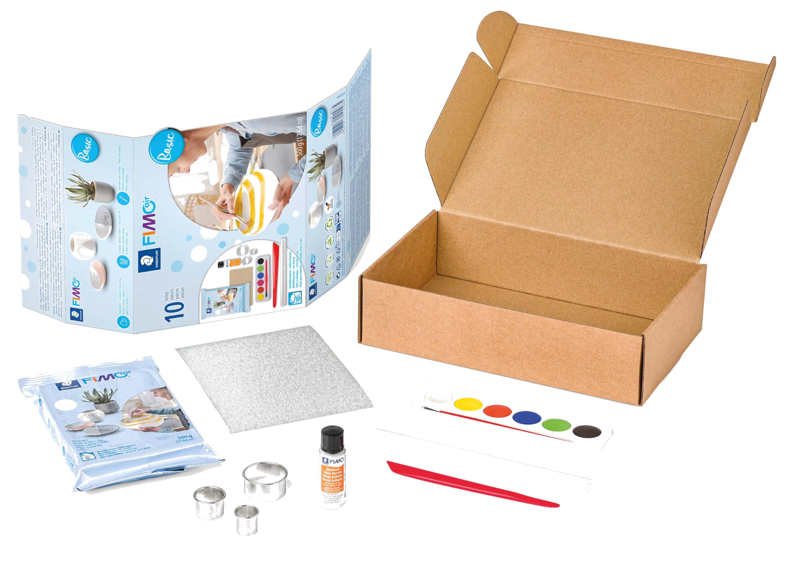 STAEDTLER 81 Set 01 FIMOair Air-Drying Modelling Clay - Basic Set with Modelling Tools and Accessories (Set of 16 Pieces, Including 500g Clay Block)