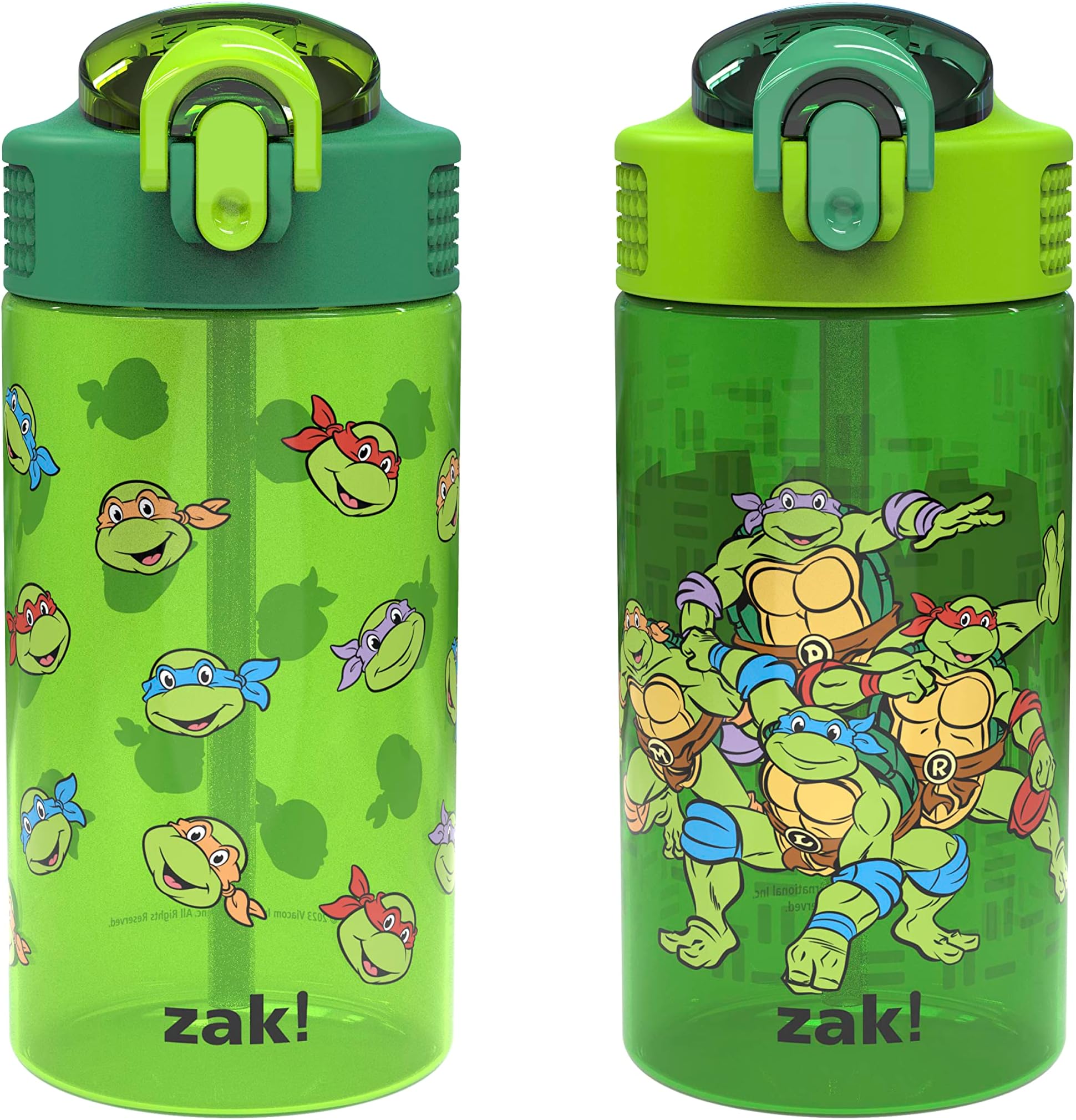 Teenage Mutant Ninja Turtles Kids Water Bottle For School or Travel, 16oz 2-Pack Durable Plastic Water Bottle With Straw, Handle, and Leak-Proof, Pop-Up Spout Cover (TMNT)