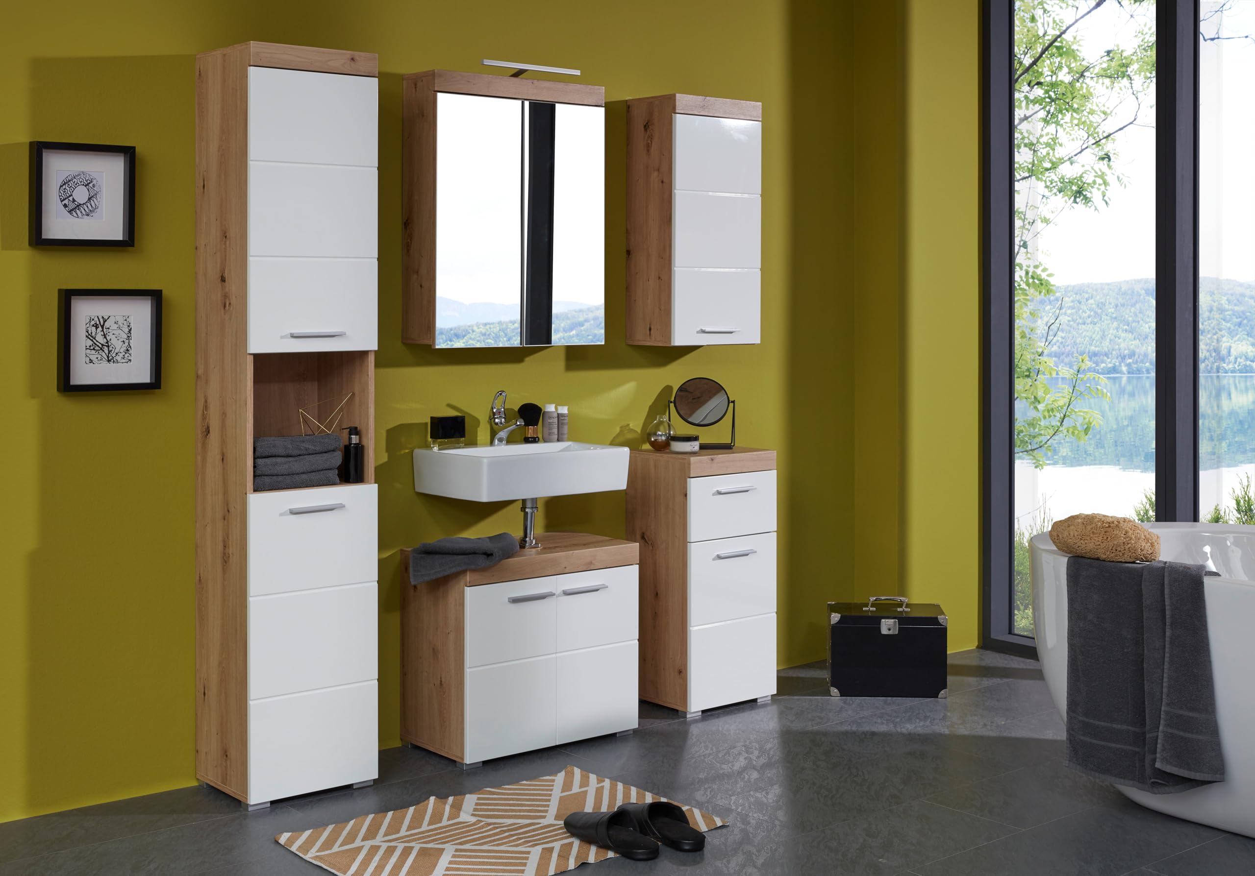 trendteam smart living - Spiegelschrank inkl. Beleuchtung - Bad - Amanda - Aufbaumaß (BxHxT) 60 x 77 x 17 cm - Farbe Weiß Hochglanz mit Asteiche - 139340607