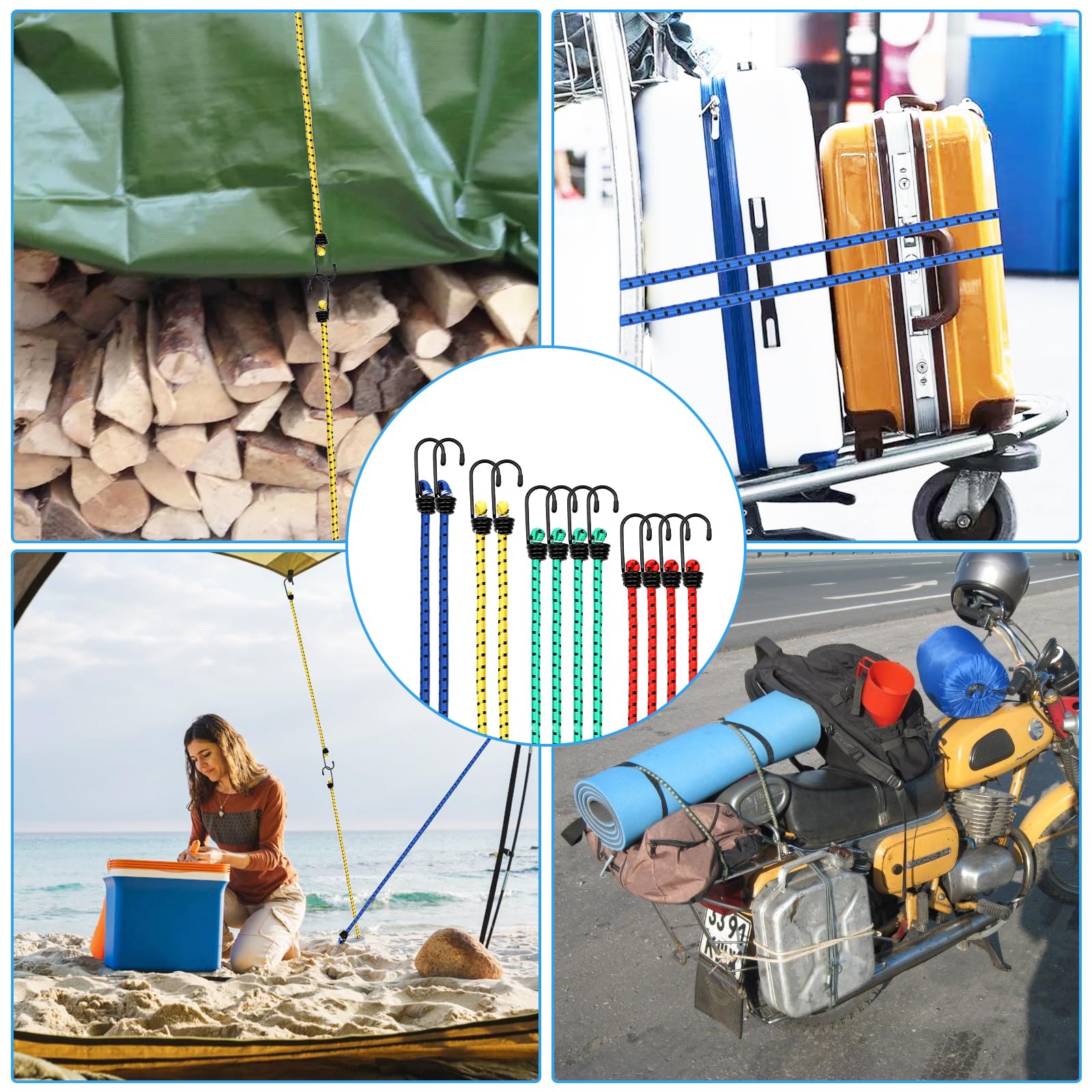 Avesteir Set di 12 Corda Elastica, Corde Elastiche con Gancio, Fasce Bande Elastiche con Ganci, Cinghia Elastica per Campeggio, Giardinaggio