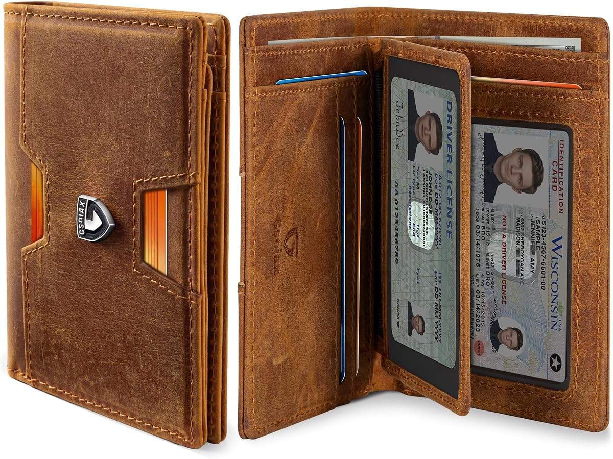 GSOIAX Cartera para hombre Cartera delgada de cuero de grano superior con 13 ranuras para tarjetas y 1 compartimento para billetes - Bloqueo RFID Portatarjetas de crédito con bolsillo frontal plegable delgado (marrón)