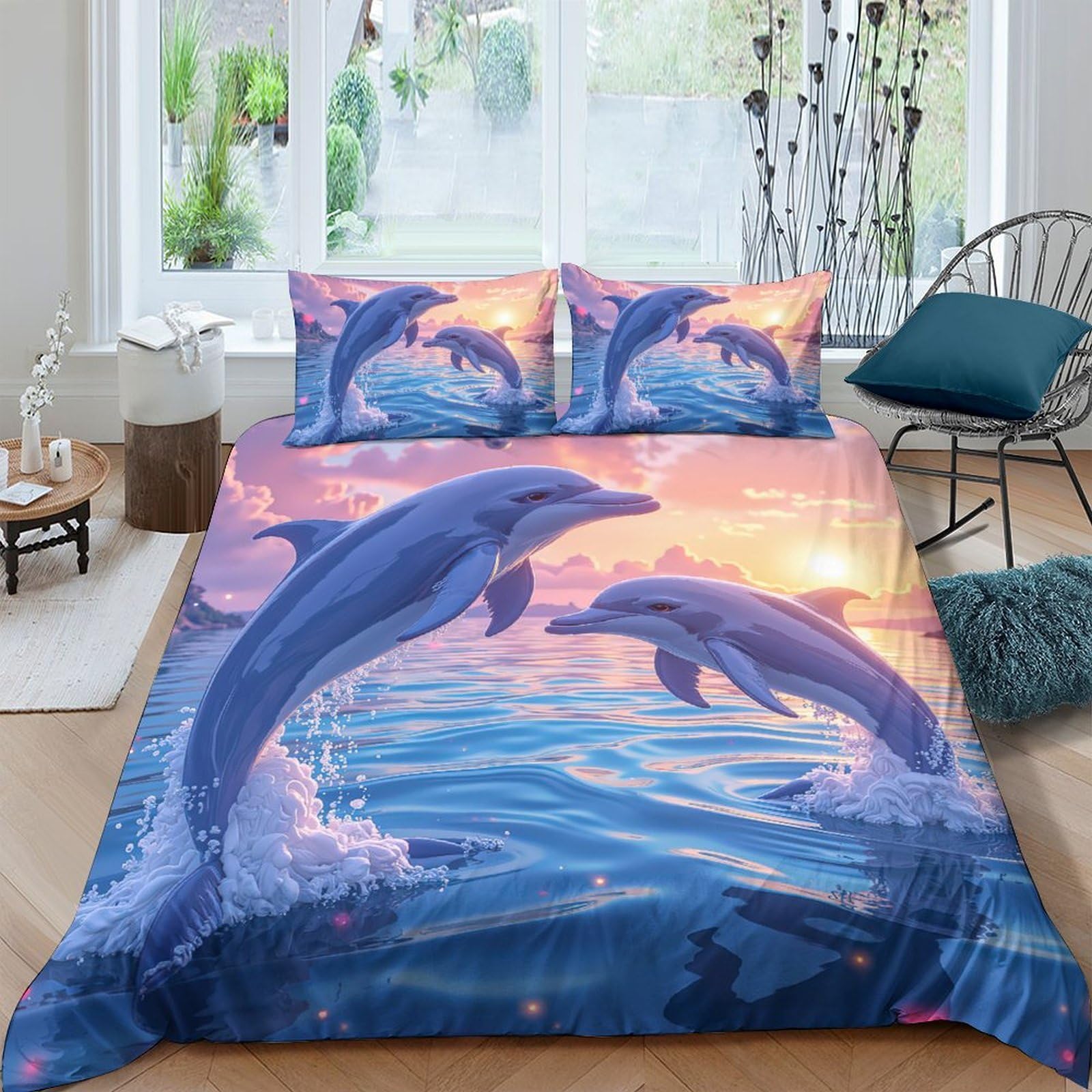 GPLZQXKJNH 3D Printed Dolphin Ocean Sunset Duvet Cover Set Microfiber Soft Breathable Bedding with 2 Pillowcases for Bedroom Decor Single（135x200cm）