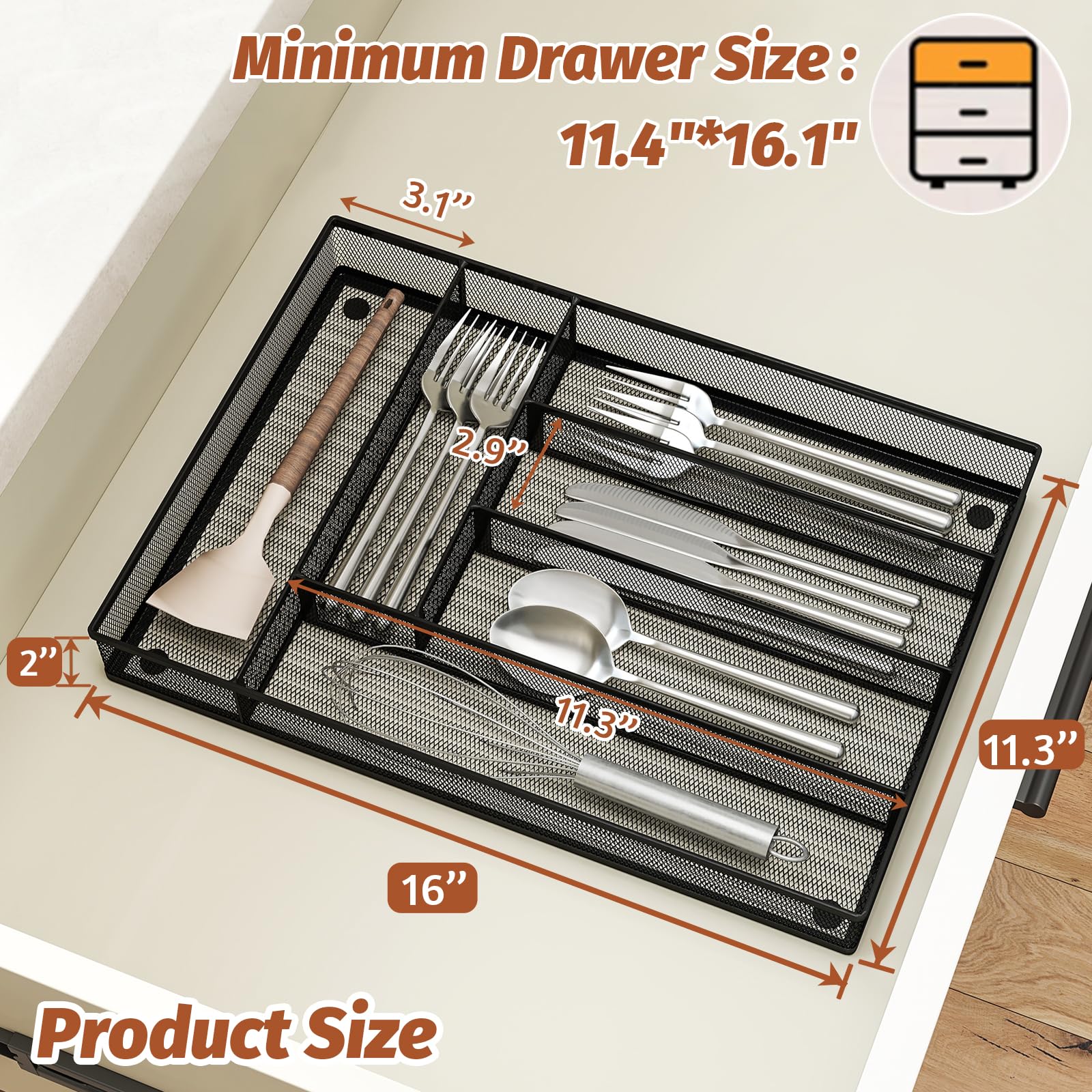 Organizador de cubiertos de malla de metal, organizador de cajones grandes, bandeja de cubiertos para cajones de cocina, organizador de cubiertos con 6 compartimentos, negro (11.3 x 16 2