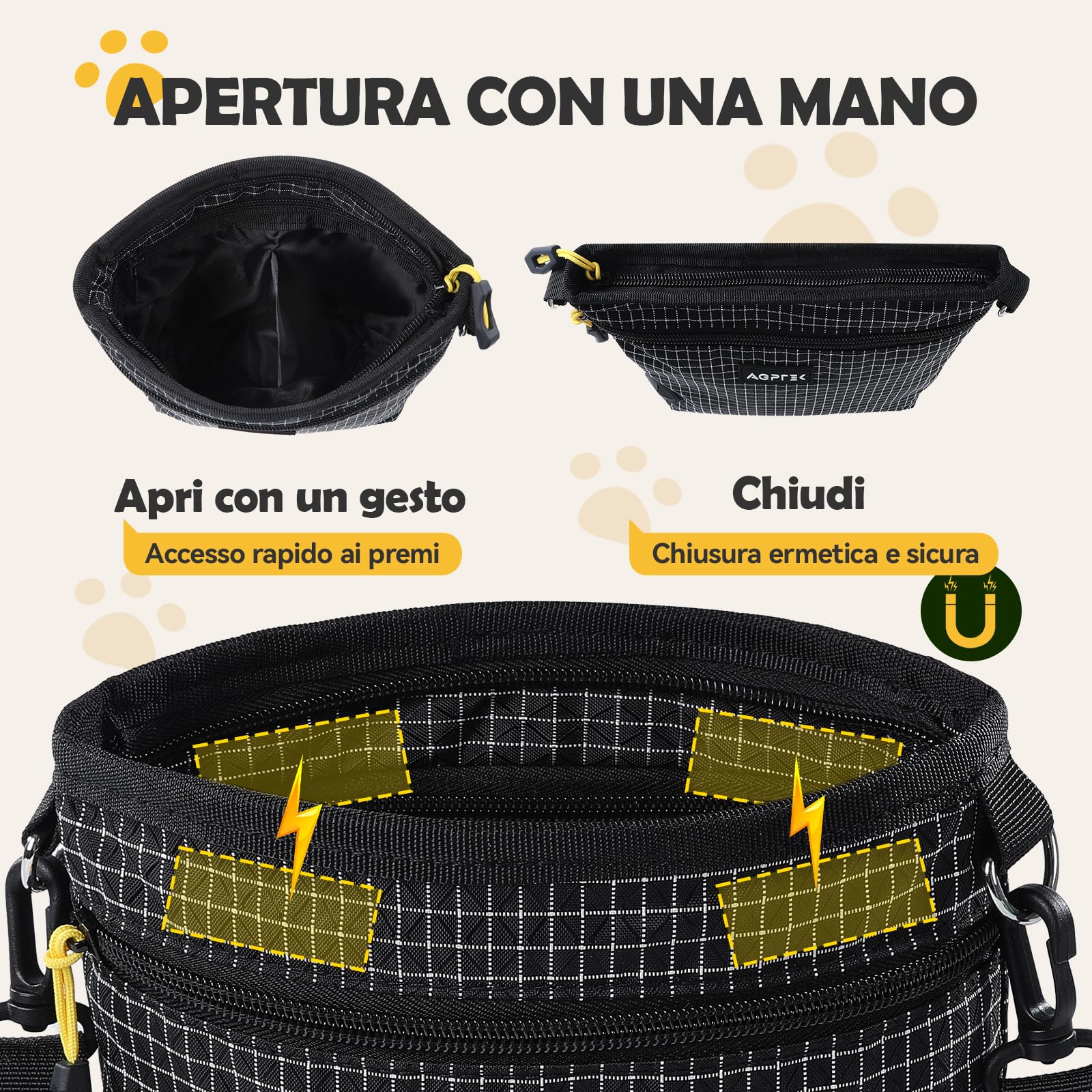 AGPTEK Borsa Porta Snack per Cani con Dispenser Sacchetti, Marsupio Addestramento Cane a Mani Libere, Borsa Training Cane con Clip per Cintura, Nero