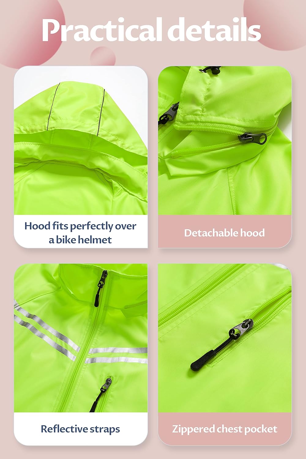 CREATMO US Women's Packable Waterproof Running Rain Coat Reflective Cycling Jacket Windbreaker With Detachable Hood - Image 6