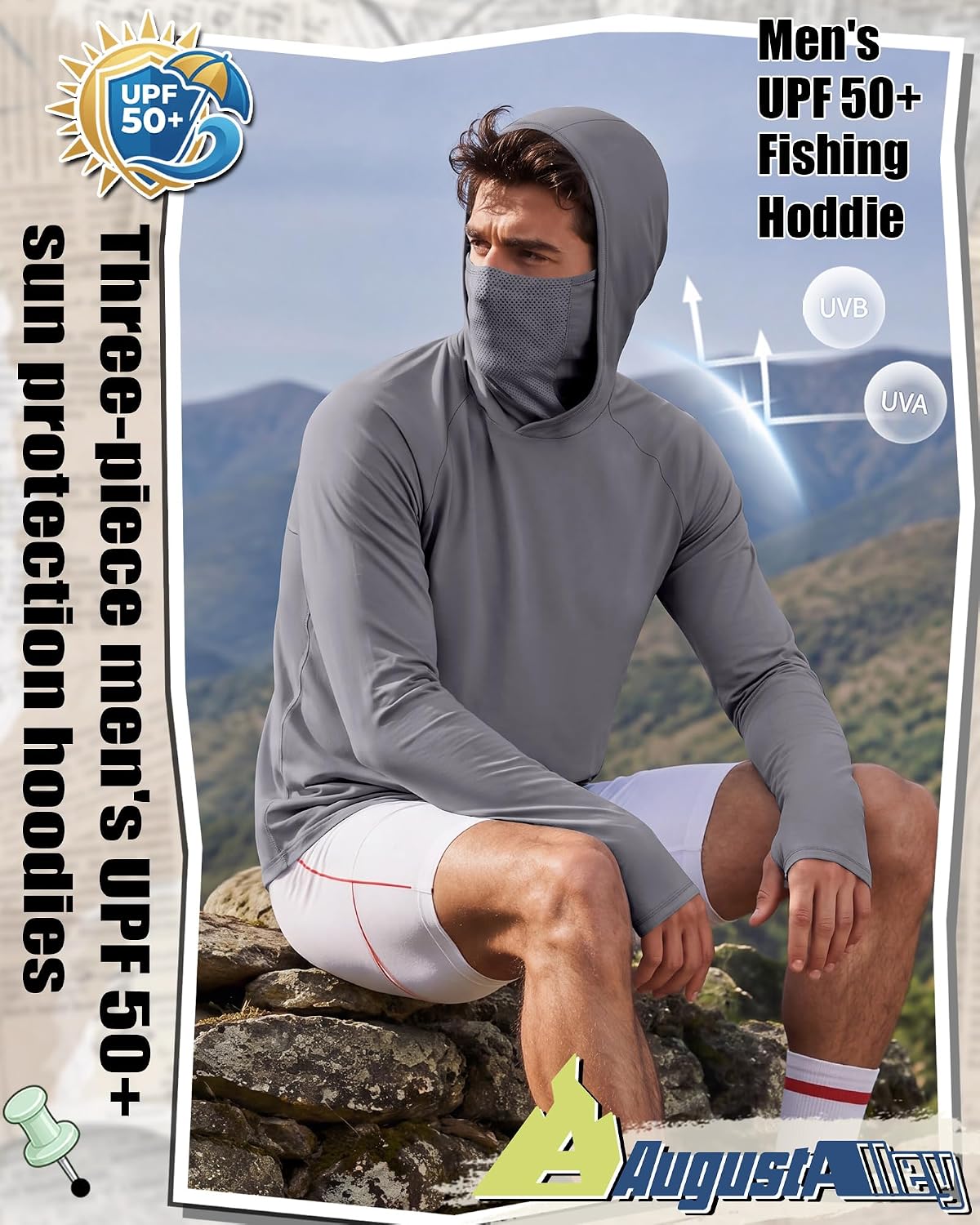 August Alley 3 Pack Men's UPF 50+ Fishing Hoddies with Mask Sun Protection Long Sleeve Shirts Rash Guard Hiking Shirts