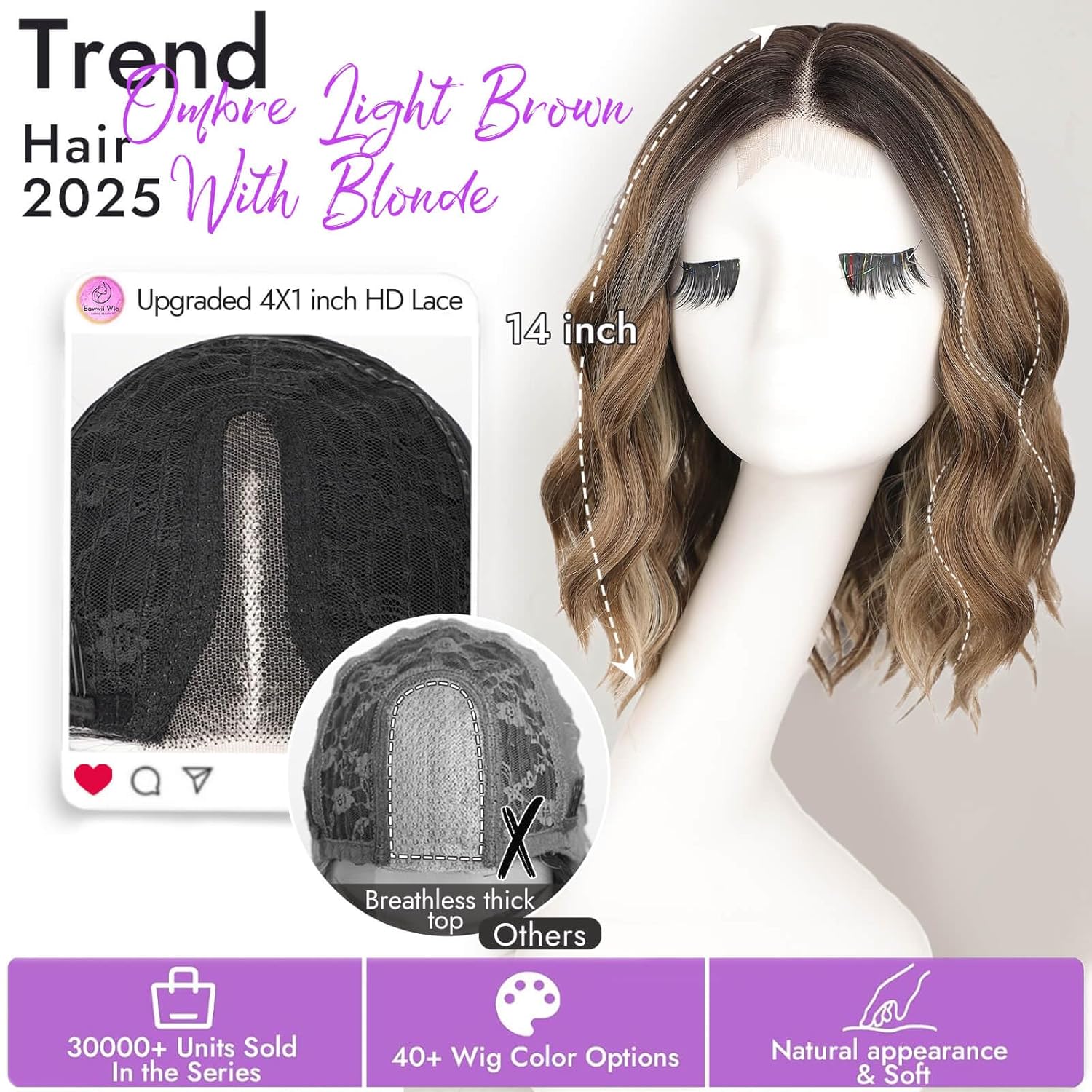 ombre light brown with blonde short wavy wig for women lace hairline bob style synthetic heat resistant - natural appearance for everyday hairstyle 14 inch 14 inch ombre light brown with blonde