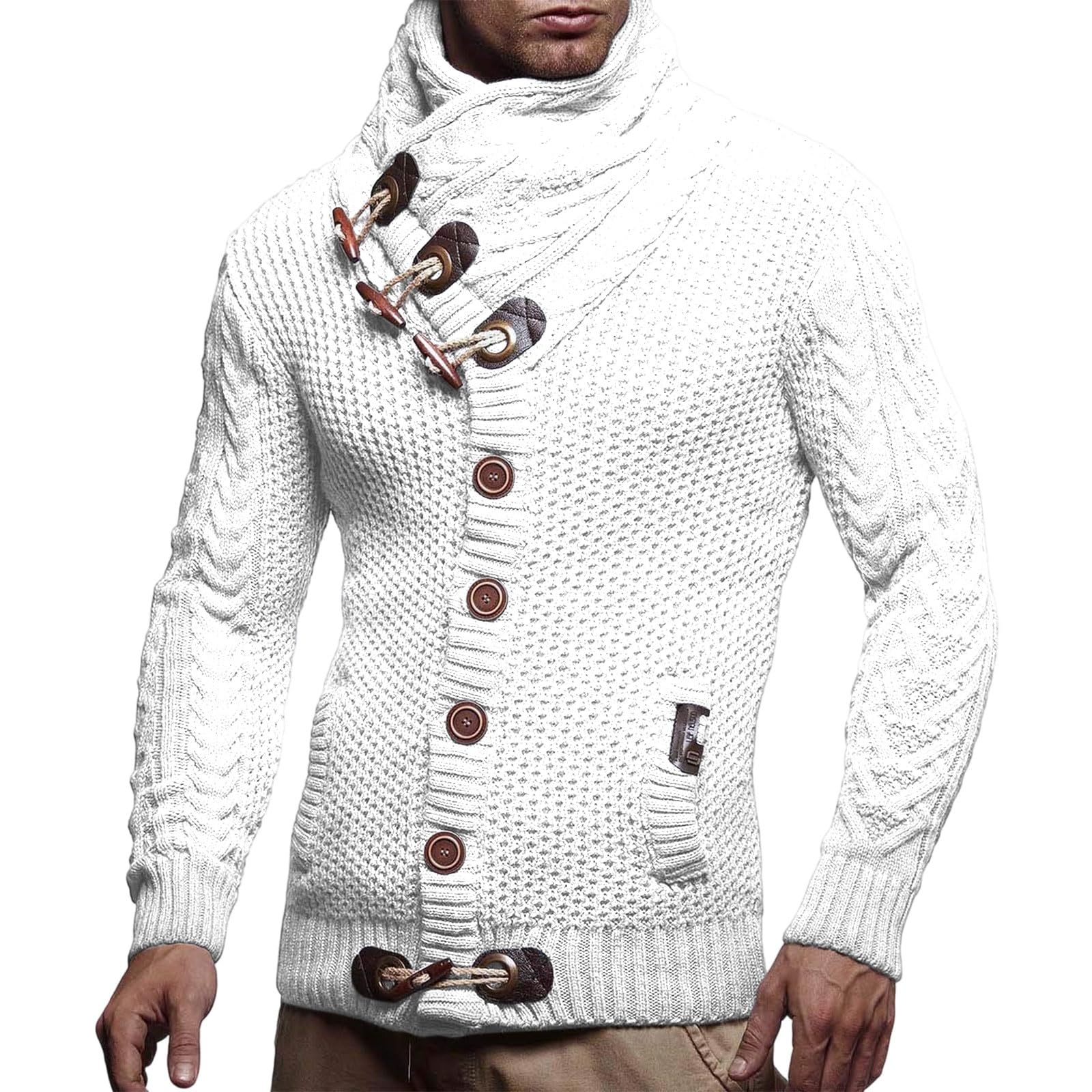 Greabuy Suéter de punto trenzado para hombre, cuello alto, térmico, cálido, con cremallera, casual, a la moda, cuello alto, ropa de invierno