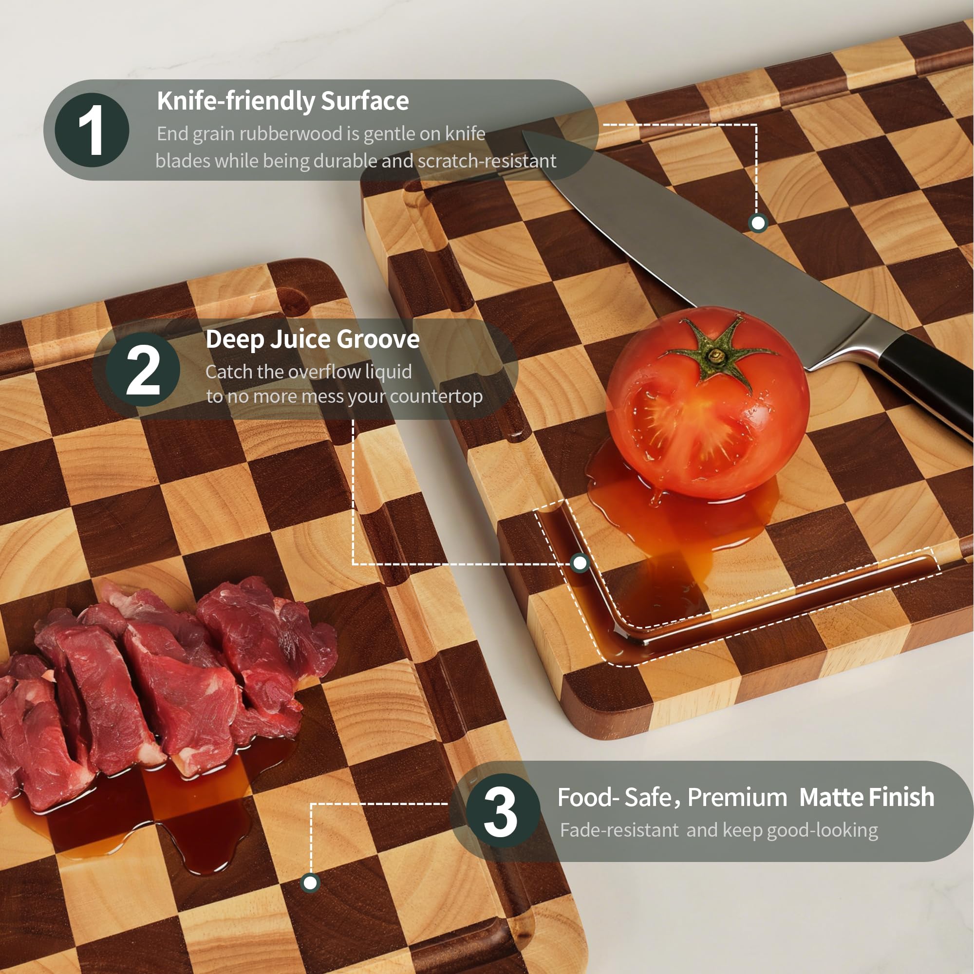 WILLKOMMEN Kariertes Schneidebrett-Set, 3-teilige Holz-Schachbrett-Endmaserungs-Schneidebretter mit Halter und Saftrille, Holz-Küchenschneidebretter zum Zubereiten und Servieren (S, M, L)