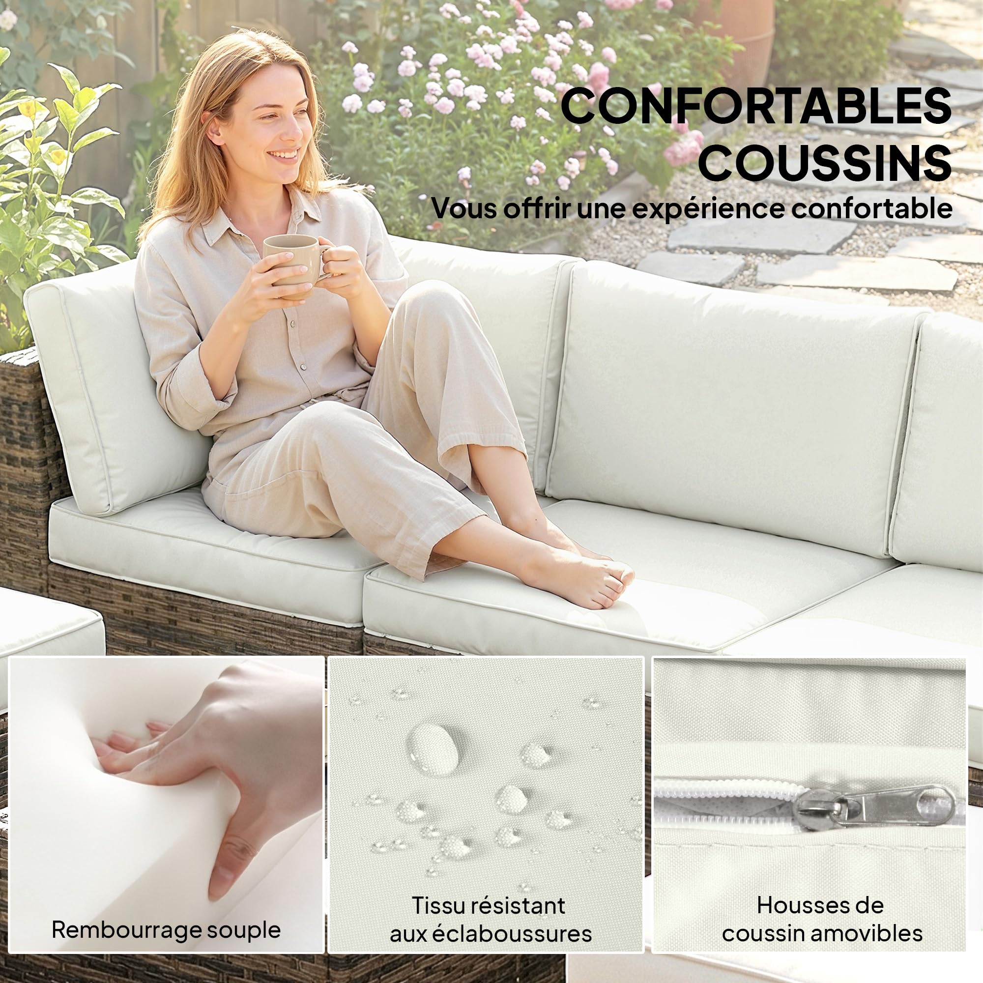 Outsunny Salon de jardin extérieur d'angle 5 places modulable en résine tressée avec canapés, repose-pieds, table basse en verre trempé et coussins, mobilier de jardin, terrasse, patio, crème et jaune