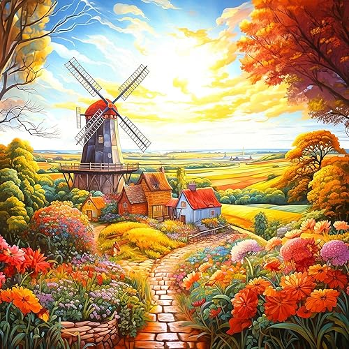 Springbok 's Windmill on The Farm - Rompecabezas de 500 piezas para adultos es una celebración del otoño en The Farmstead