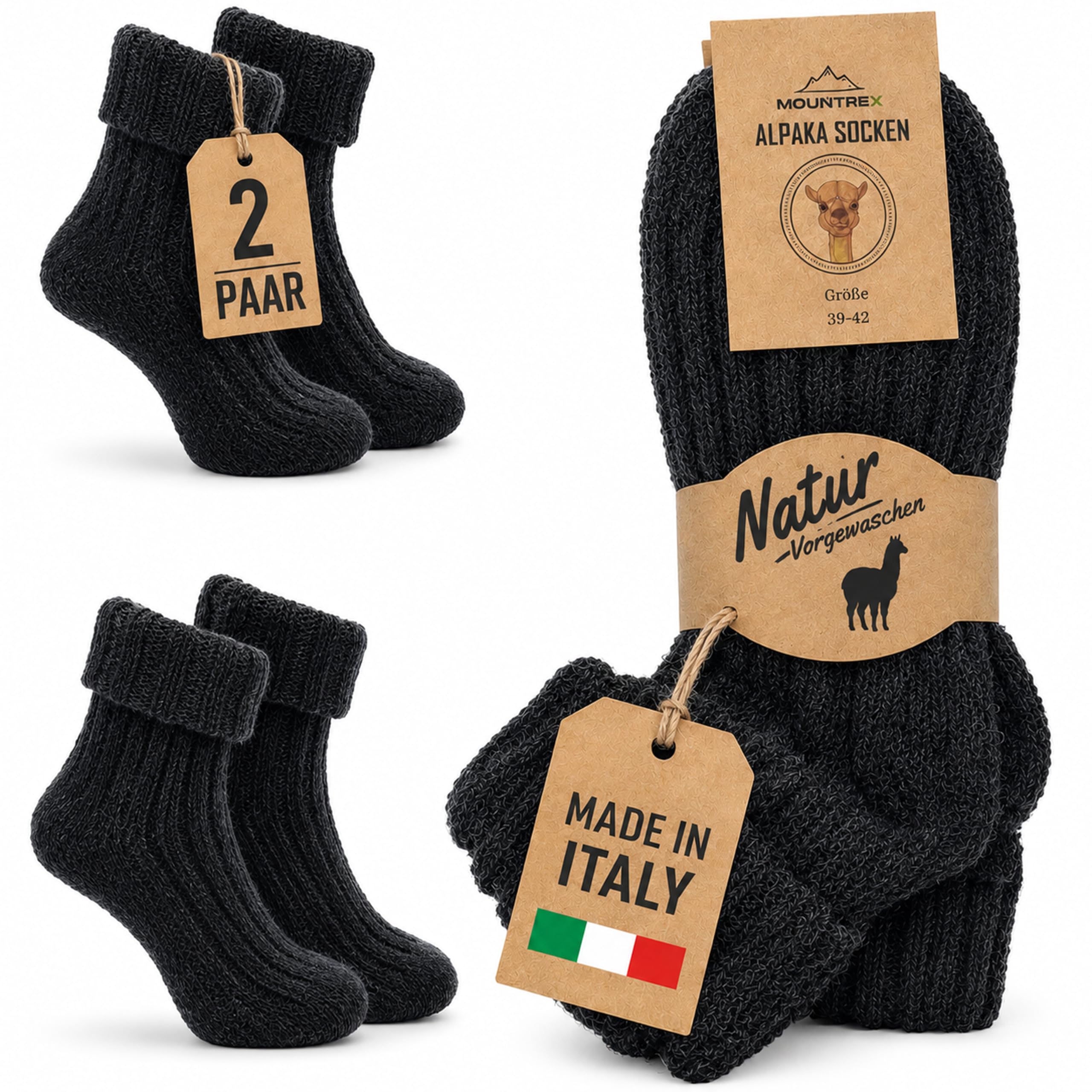 MOUNTREX® Alpaka Socken, Wollsocken für Damen und Herren - Wintersocken, Warme Haussocken, Thermosocken - Dick - 2 Paar
