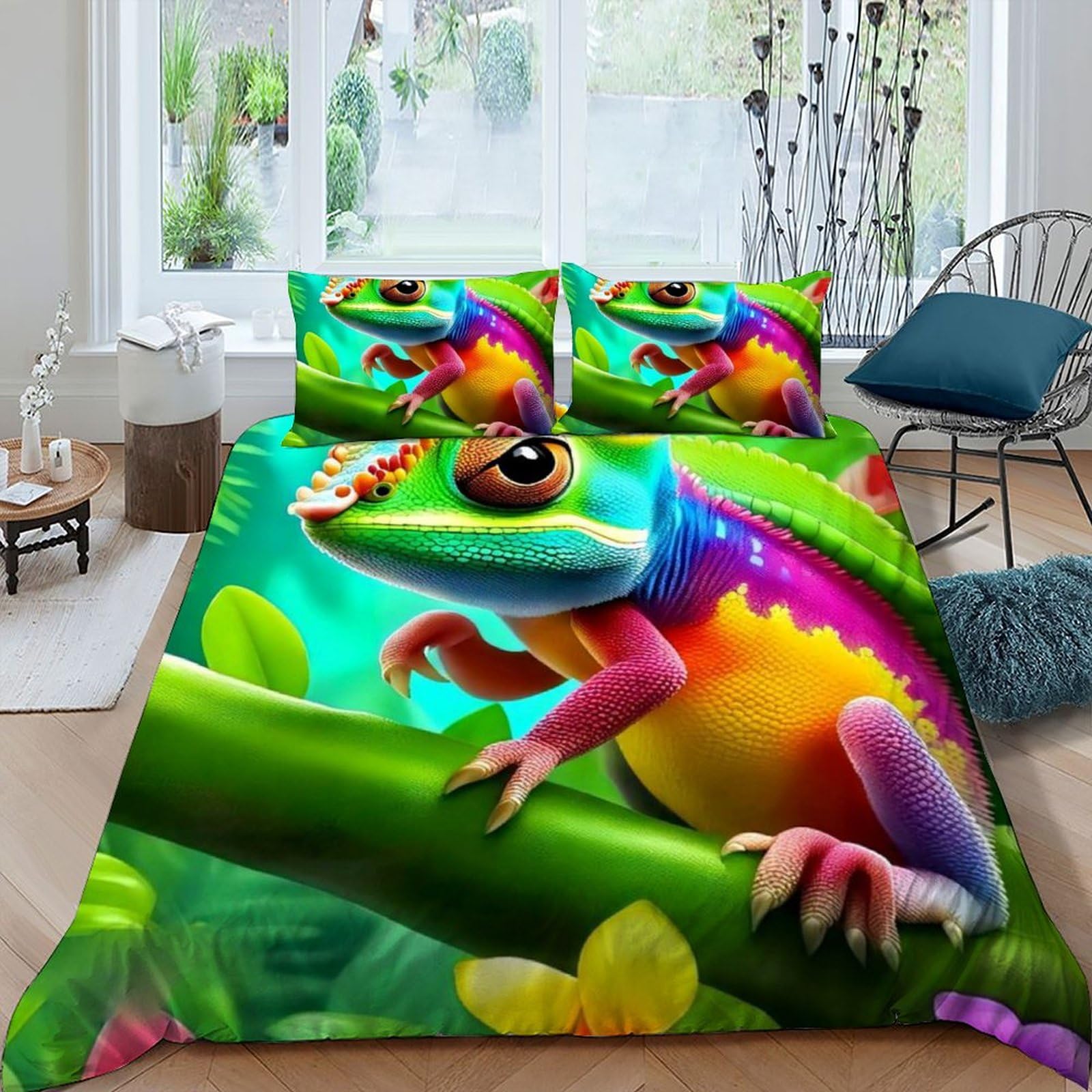 Housse de couette 3 pièces microfibres anti-plis imprimé animal sauvage grand lit king size