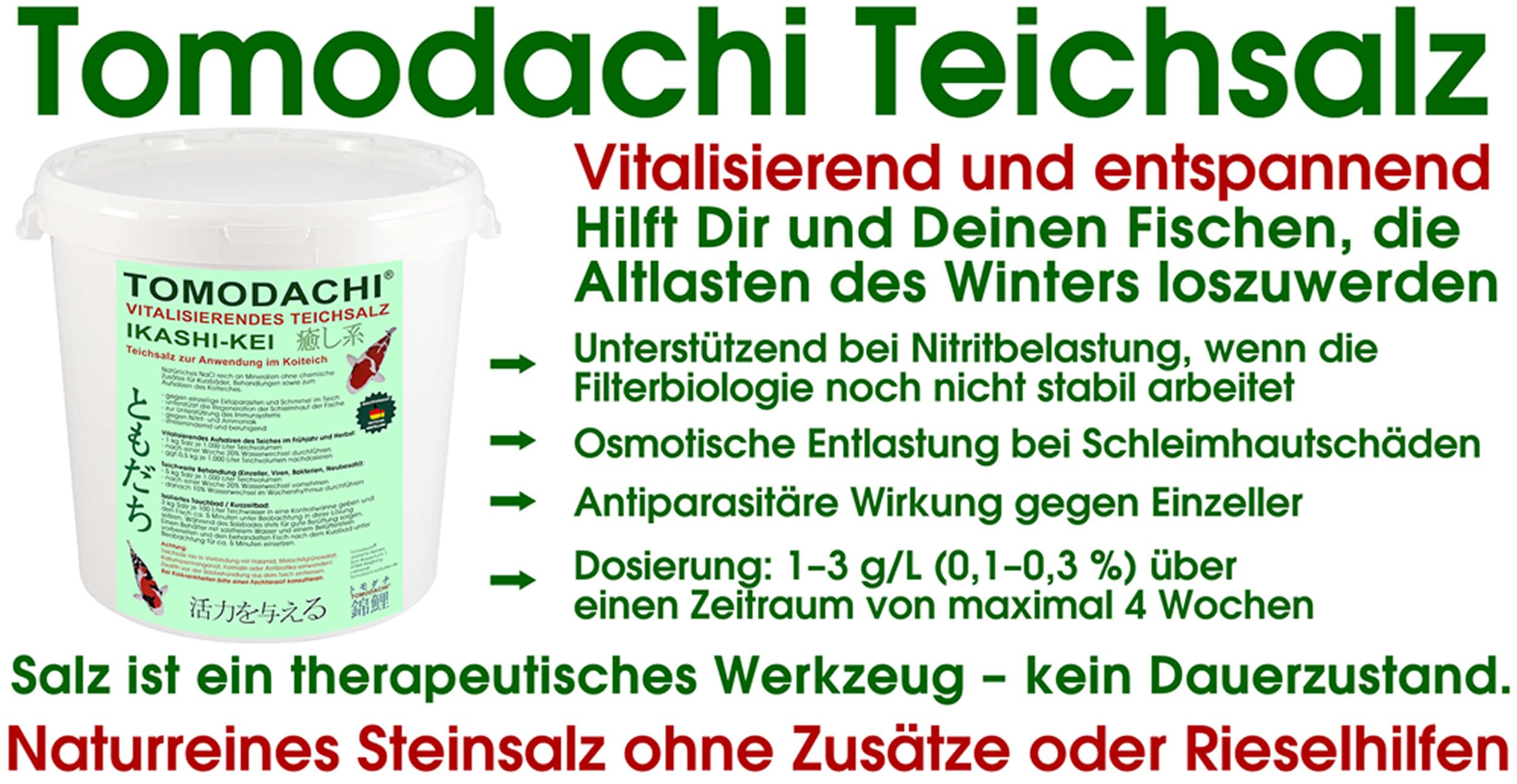 Teichsalz Koiteich Fischbecken vitalisierendes Natursalz gegen Nitrit Ammoniak Stress bei Koi teichweite Behandlung oder Kurzzeitbad 10kg Sack