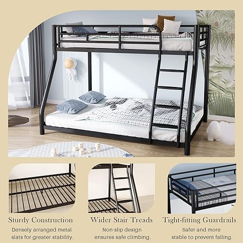 Miniatura 4 de Litera de metal, litera individual sobre matrimonial con barandilla de seguridad y escalera, literas resistentes tamaño individual sobre matrimonial